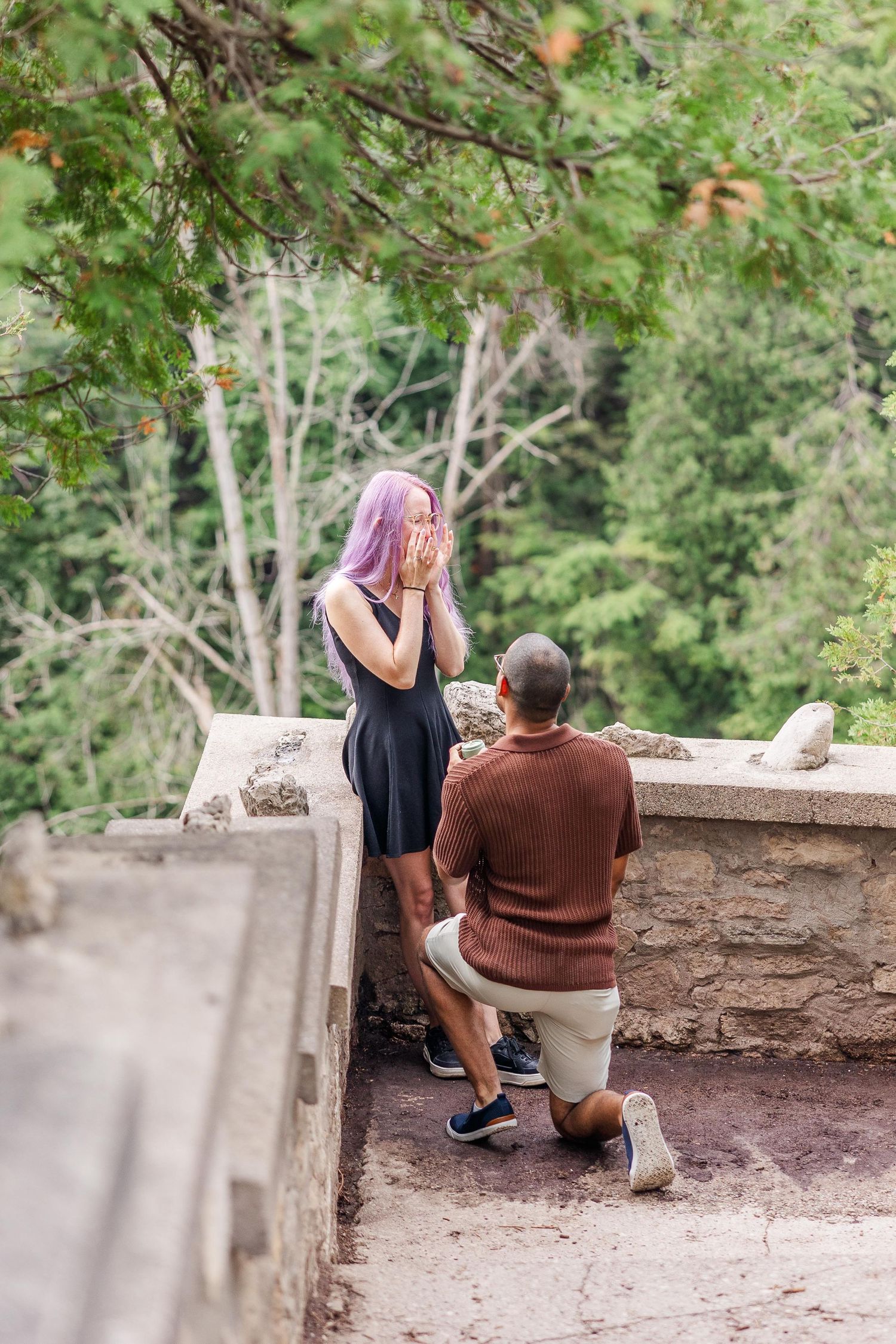 A romantic proposal moment captured on a stone overlook surrounded by lush green trees and foliage.