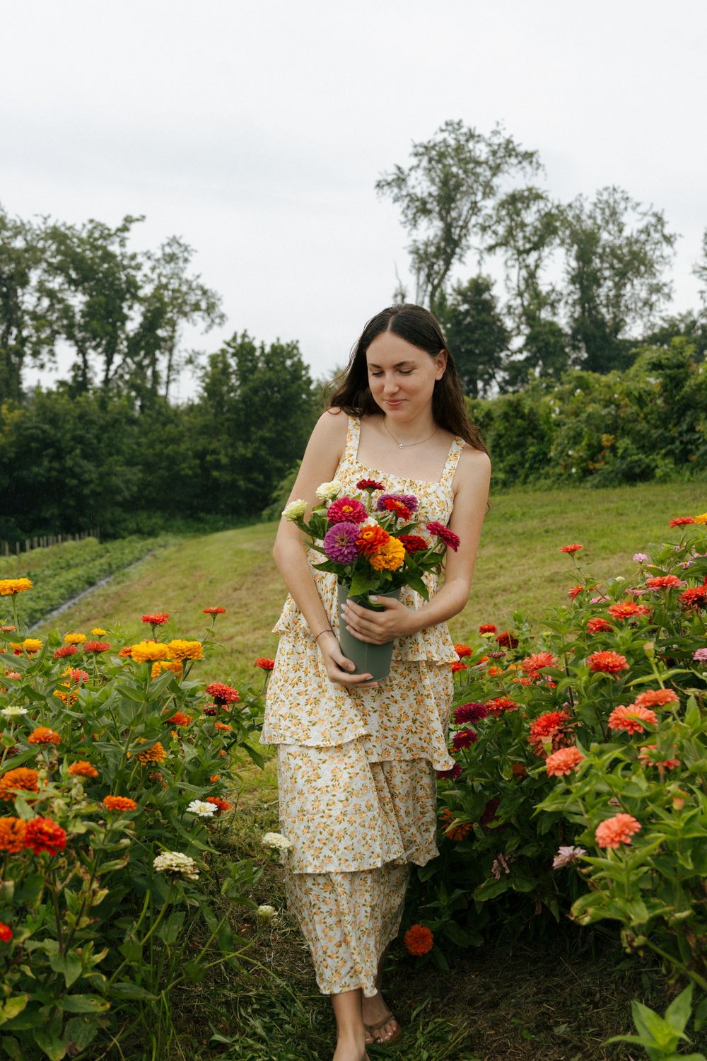 Someone wearing a floral dress gathers fresh-cut flowers in a blooming summer garden.
