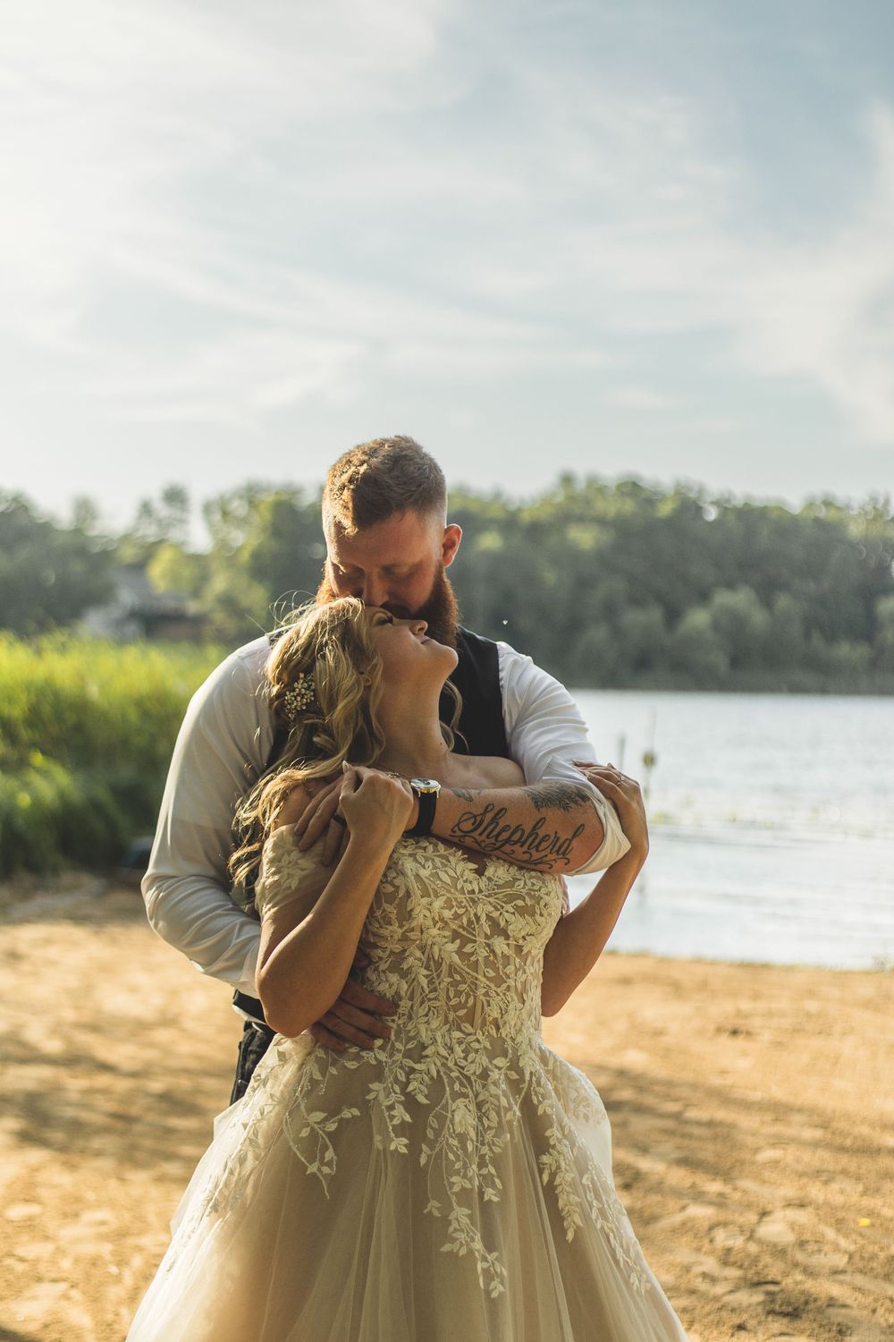 A romantic waterfront photo sequence showing a couple embracing in golden sunlight.