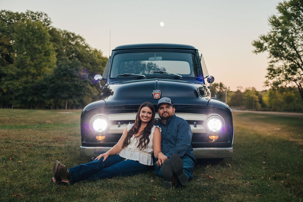 A series of vintage car photoshoot scenes at sunset in a grassy field with a classic truck.