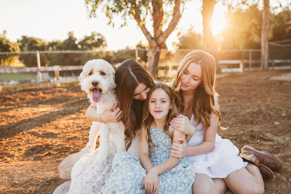 A white dog and three people sit together outdoors during golden hour with a white fence in the background.