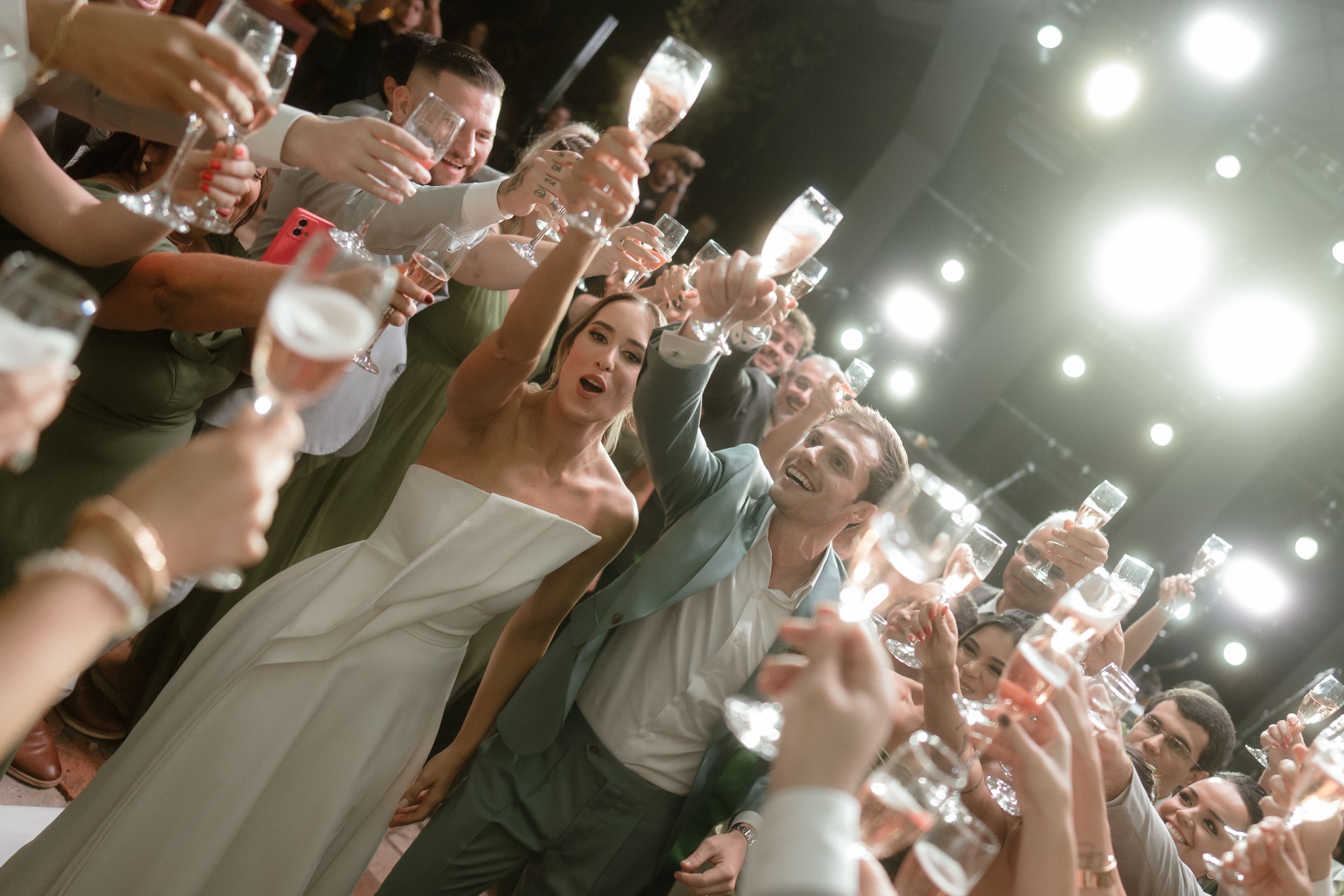 Wedding party lifting glasses in unison during reception celebration.