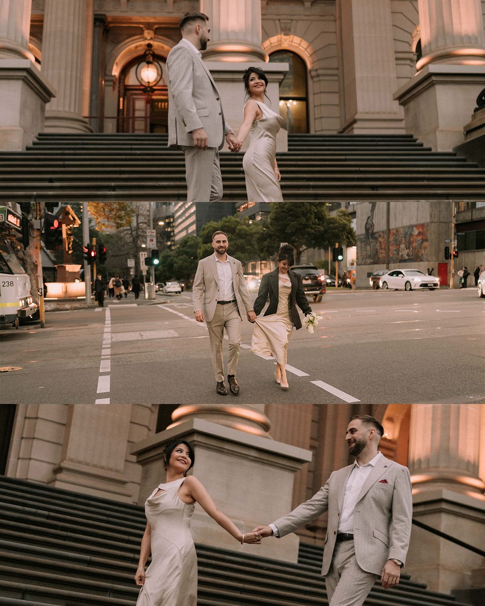 Elegant couple in matching beige outfits posing on city steps and streets at dusk during engagement photoshoot.