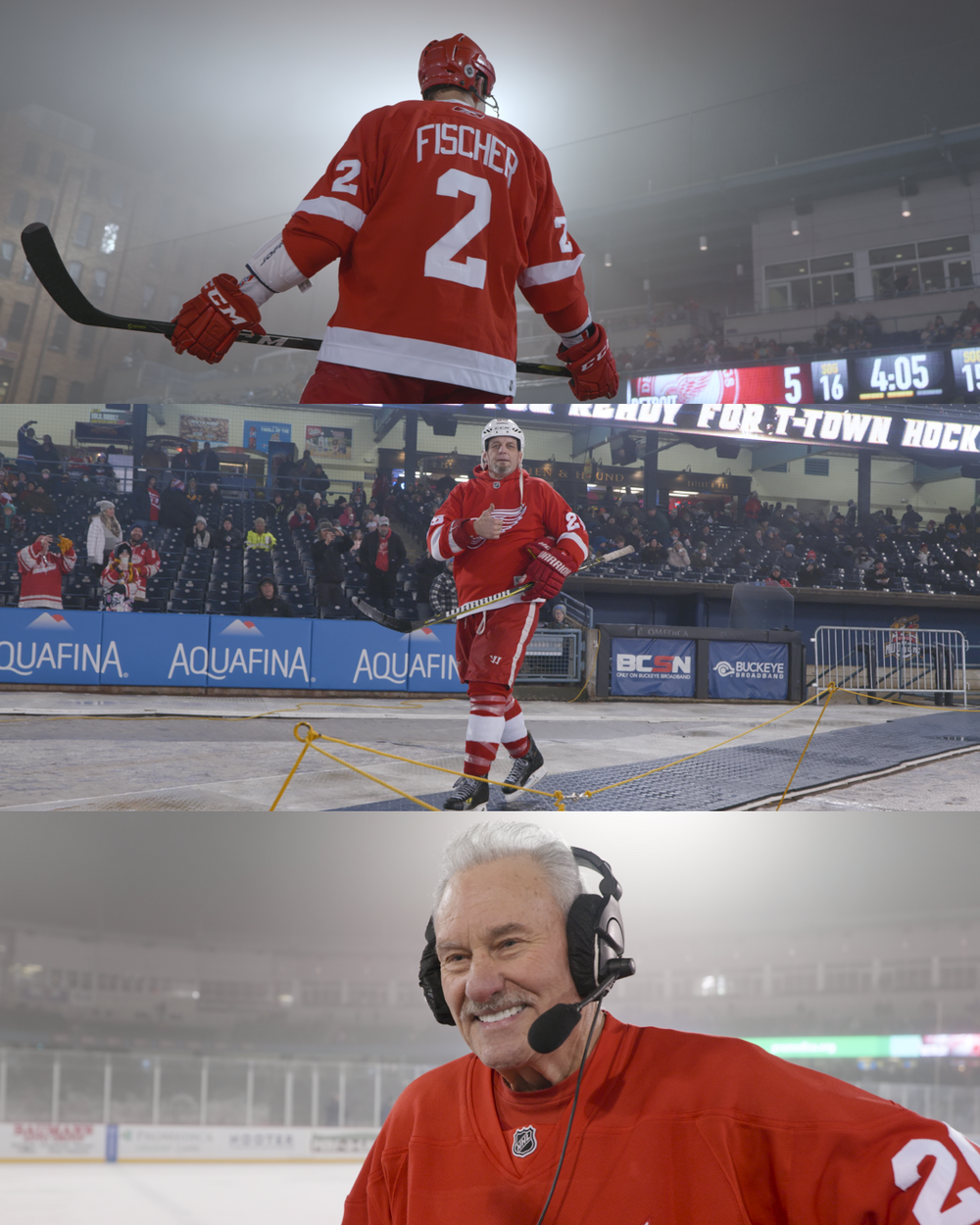 Detroit Red Wings hockey player wearing number 2 jersey jumps over boards during NHL game at arena with Aquafina ads.