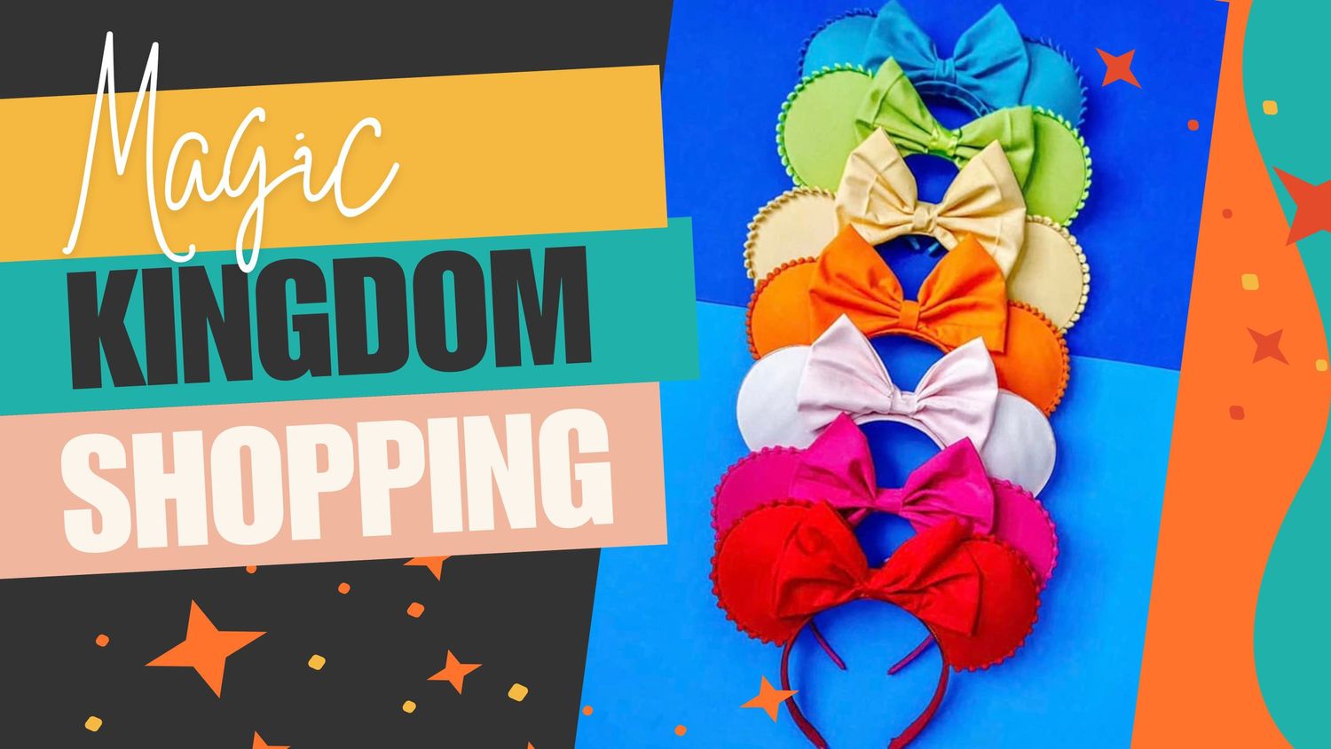 Colorful array of Disney-themed hair bows displayed against a blue background with Magic Kingdom Shopping text.