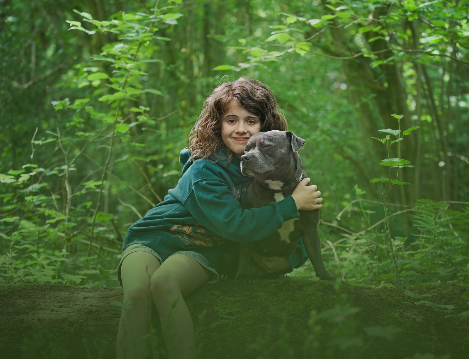 Dogs and companions sharing joyful moments in lush green forest setting.