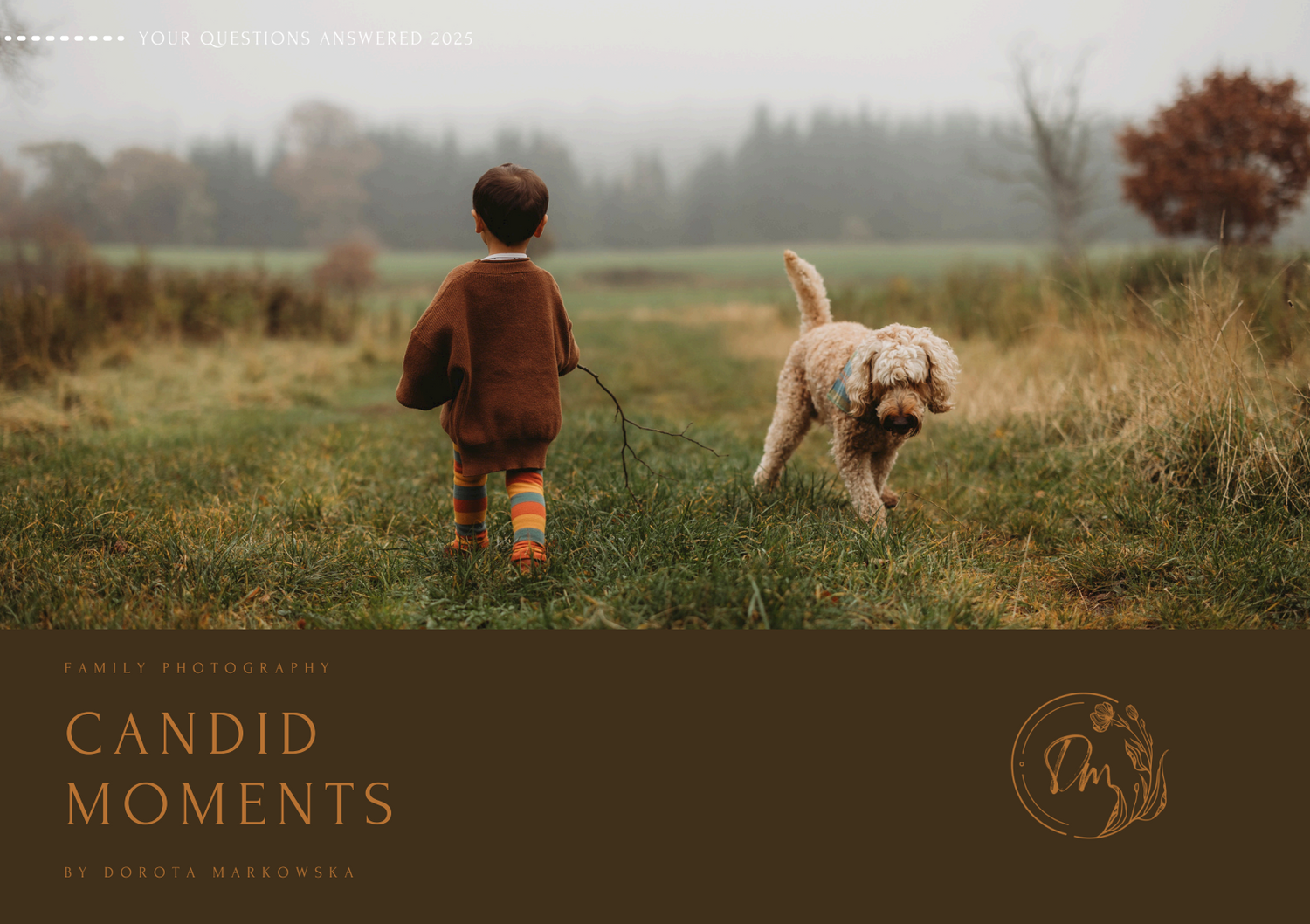 Yellow labrador dog and small figure walk together through misty autumn field at dawn.