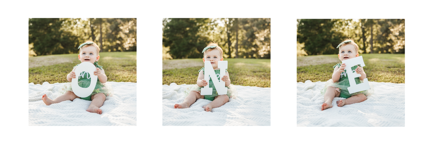 Series of outdoor photos showing baby crawling on wooden deck in mint green outfit.