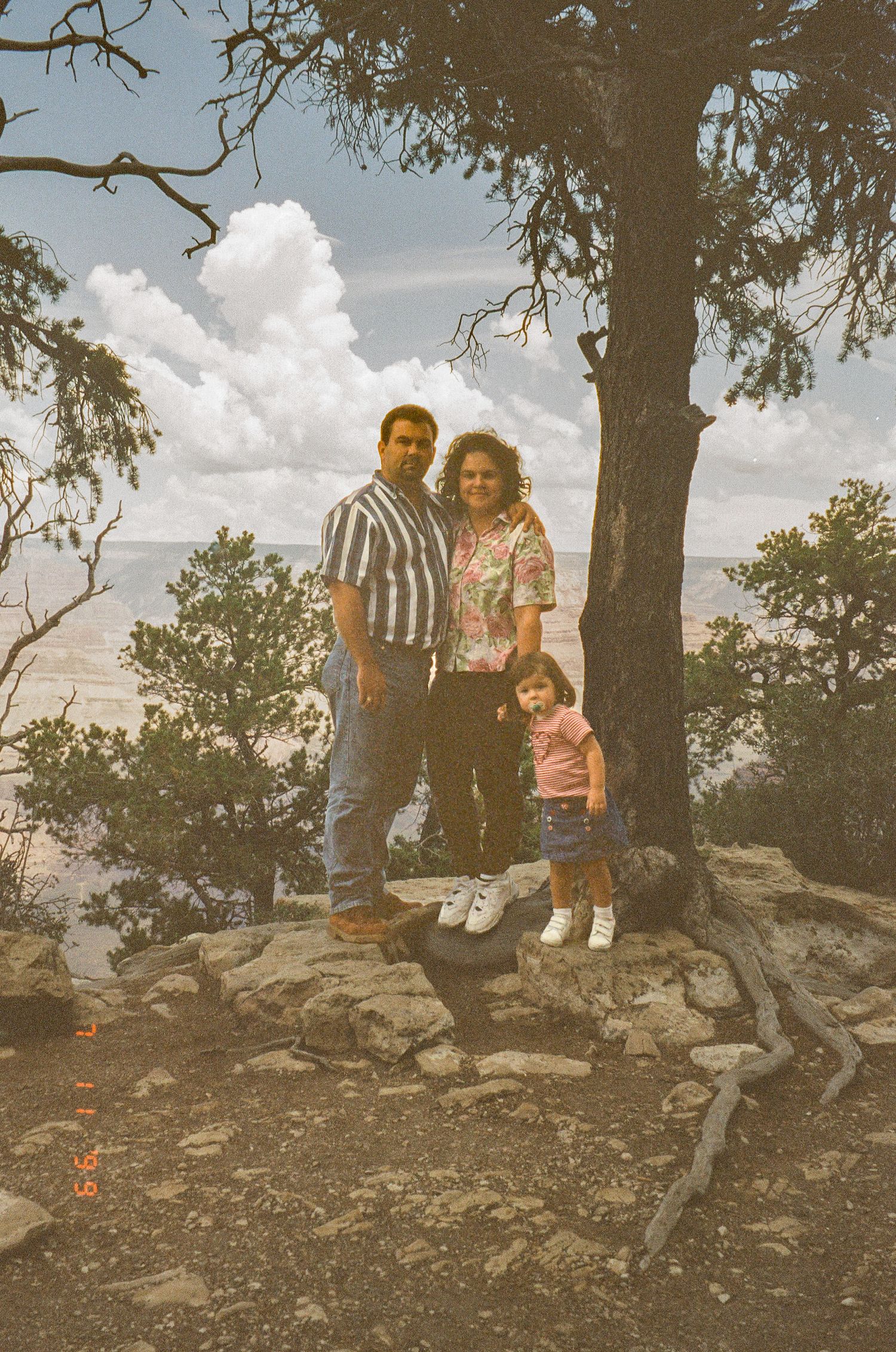 People standing together on rocky outcrop with tree and sky in background.
