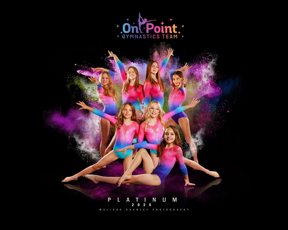 Dance group performs synchronized splits with vibrant pink and purple powder effects on dark backdrop.