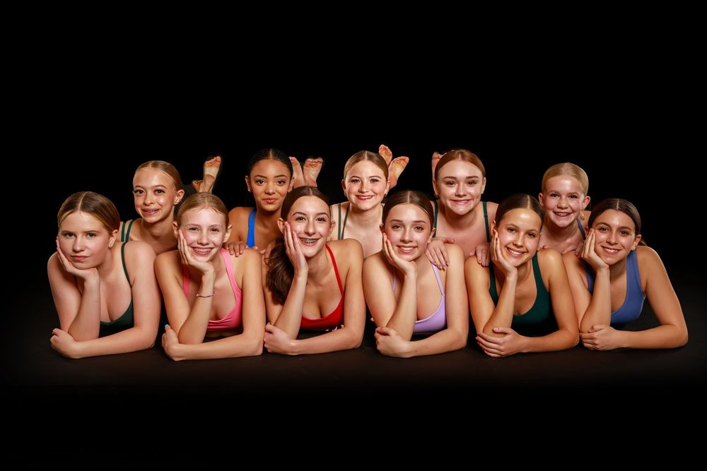 A sequence of six similar photos showing a row of smiling performers in matching outfits posing together.
