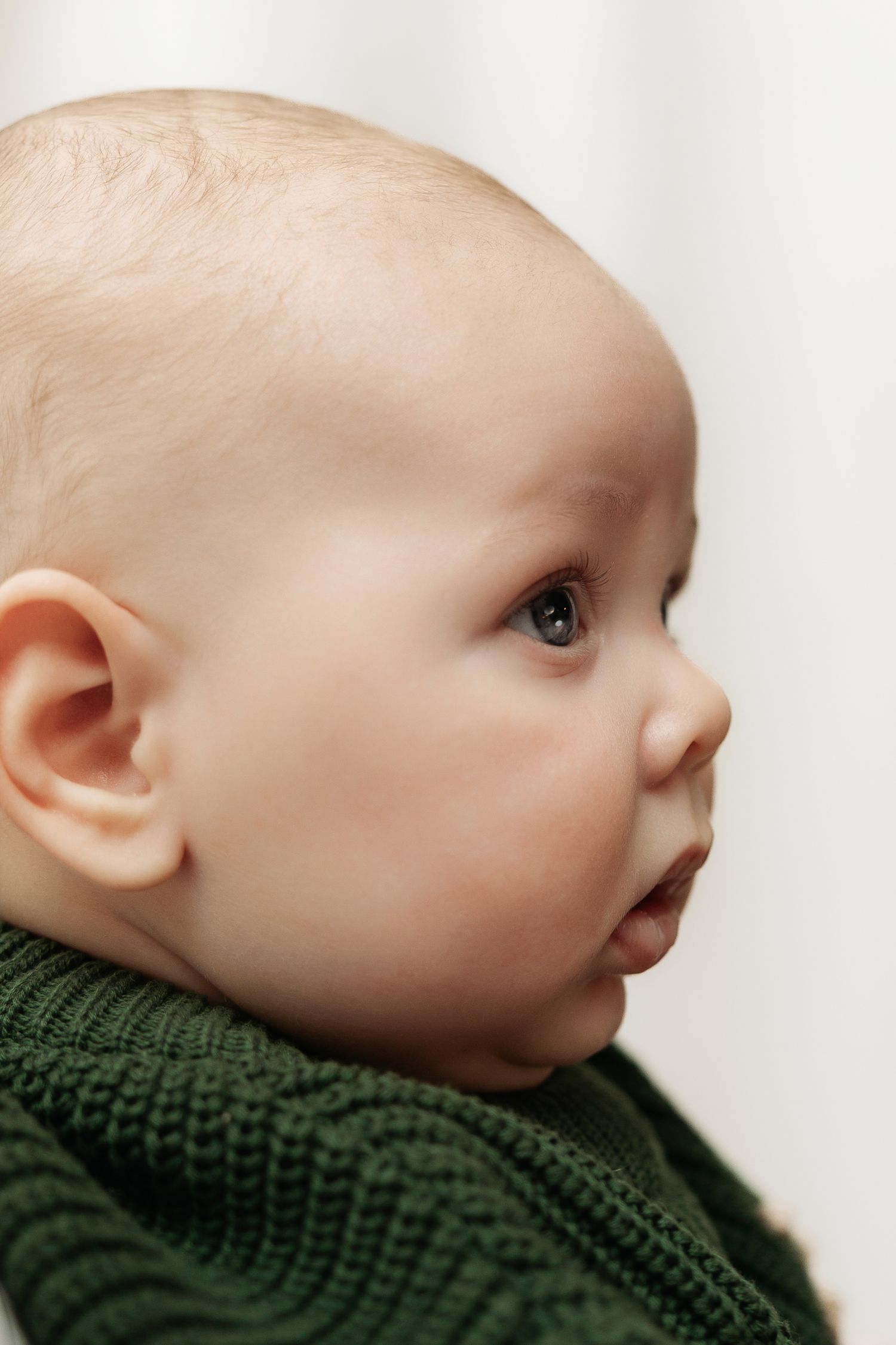 Close-up profile portrait of an alert baby wearing a green knit sweater against a white background.