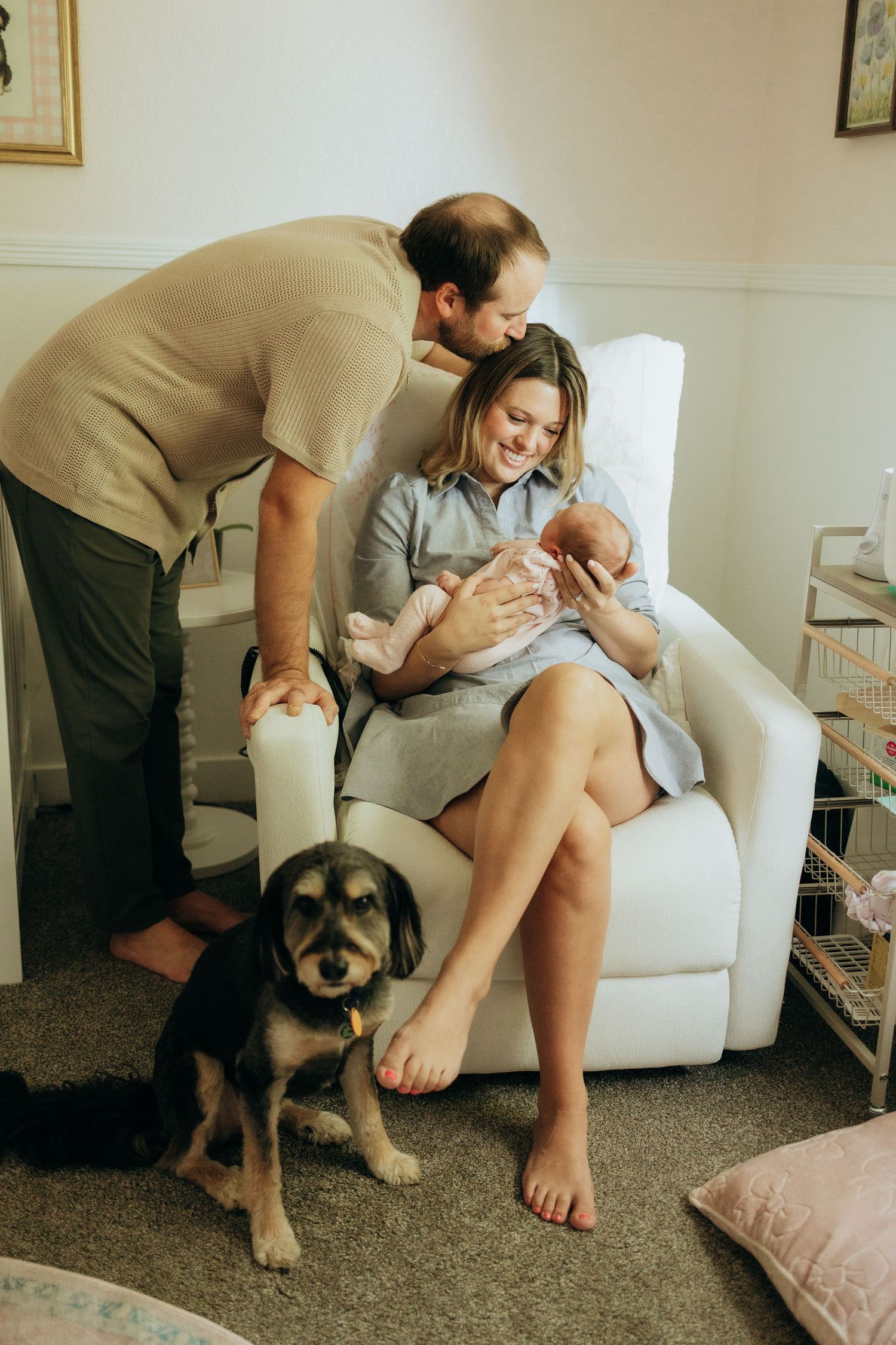 Person playing with small dog on white armchair in cozy living room setting.