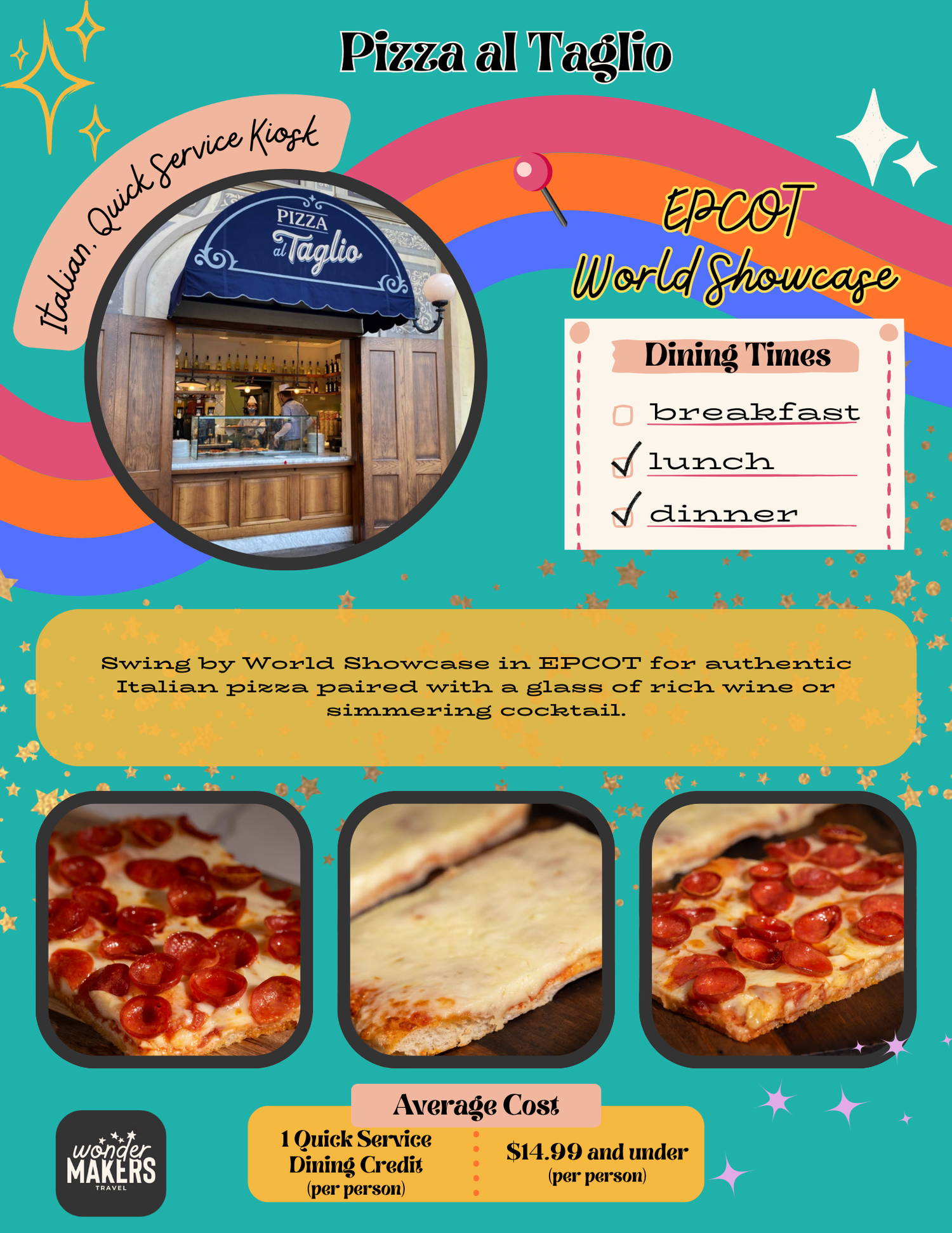 Pizza al Taglio restaurant signage and menu displays in EPCOT showcasing Italian pizza slices and dining options.