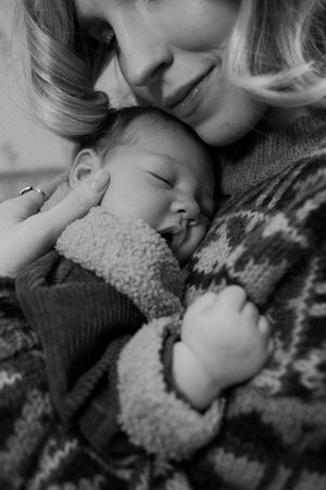 Close-up black and white image showing soft textures and gentle moments.