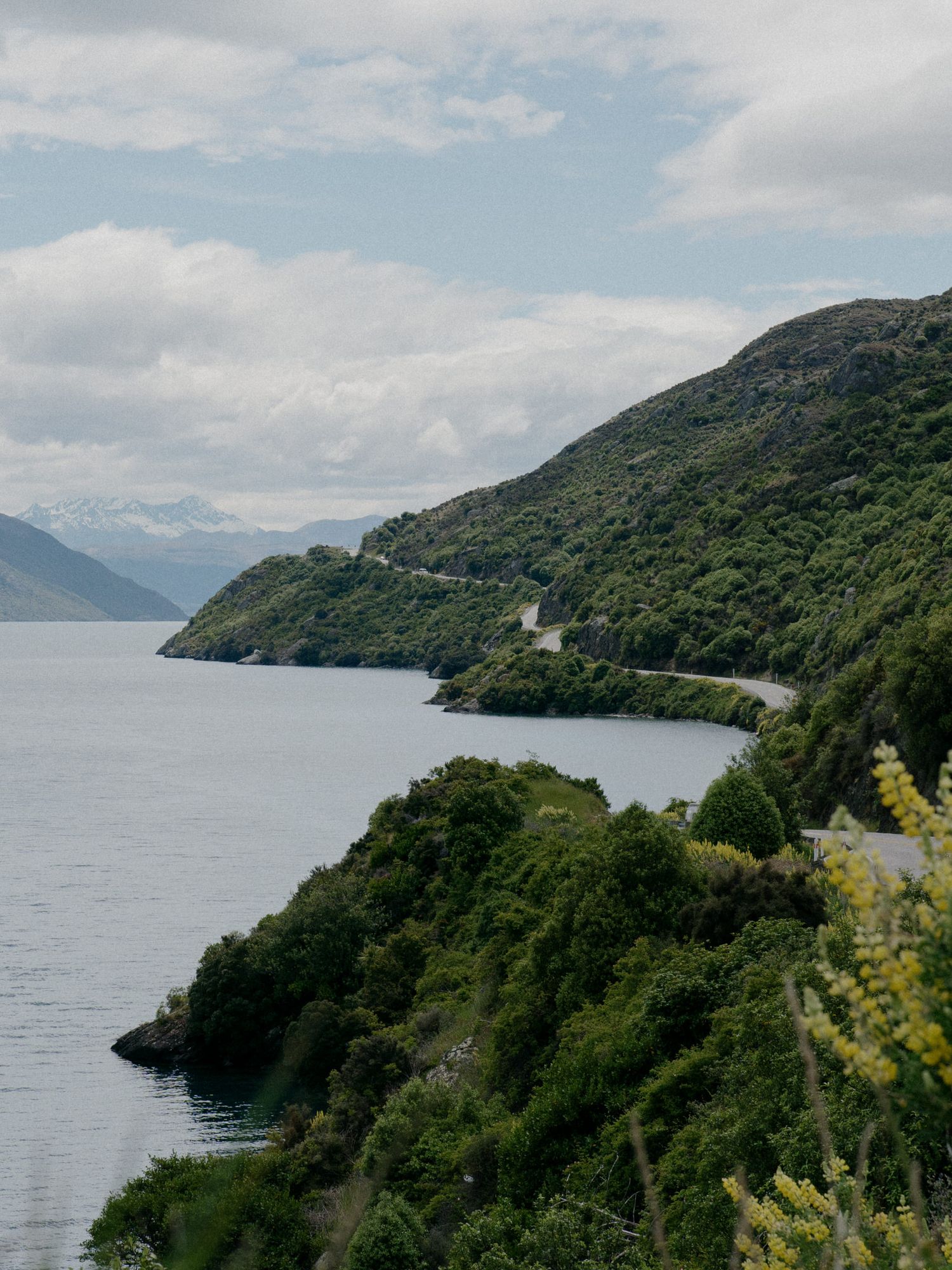 Winding coastal road along a forested mountainside overlooking a serene lake.