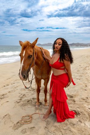A chestnut horse stands with someone in a red two-piece dress on a beachfront.
