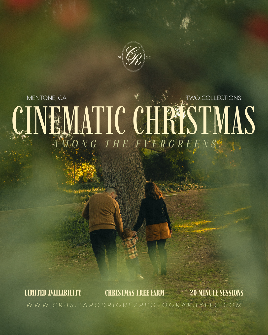 Cinematic Christmas mini session poster showing two people walking among evergreens with vintage film overlay effects.