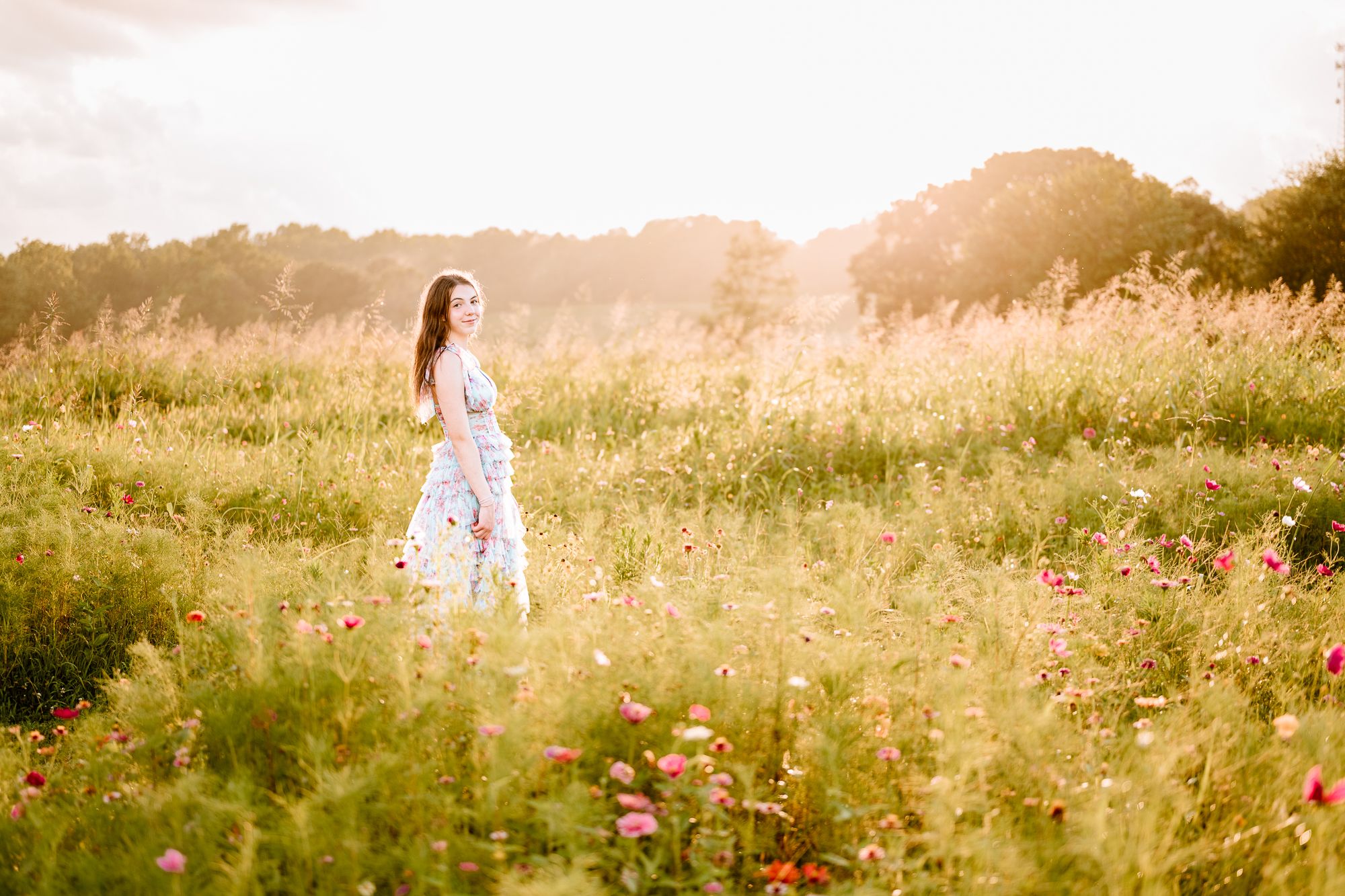 A dreamy summer scene shows a figure in a flowy dress standing among wildflowers in a golden-lit field.