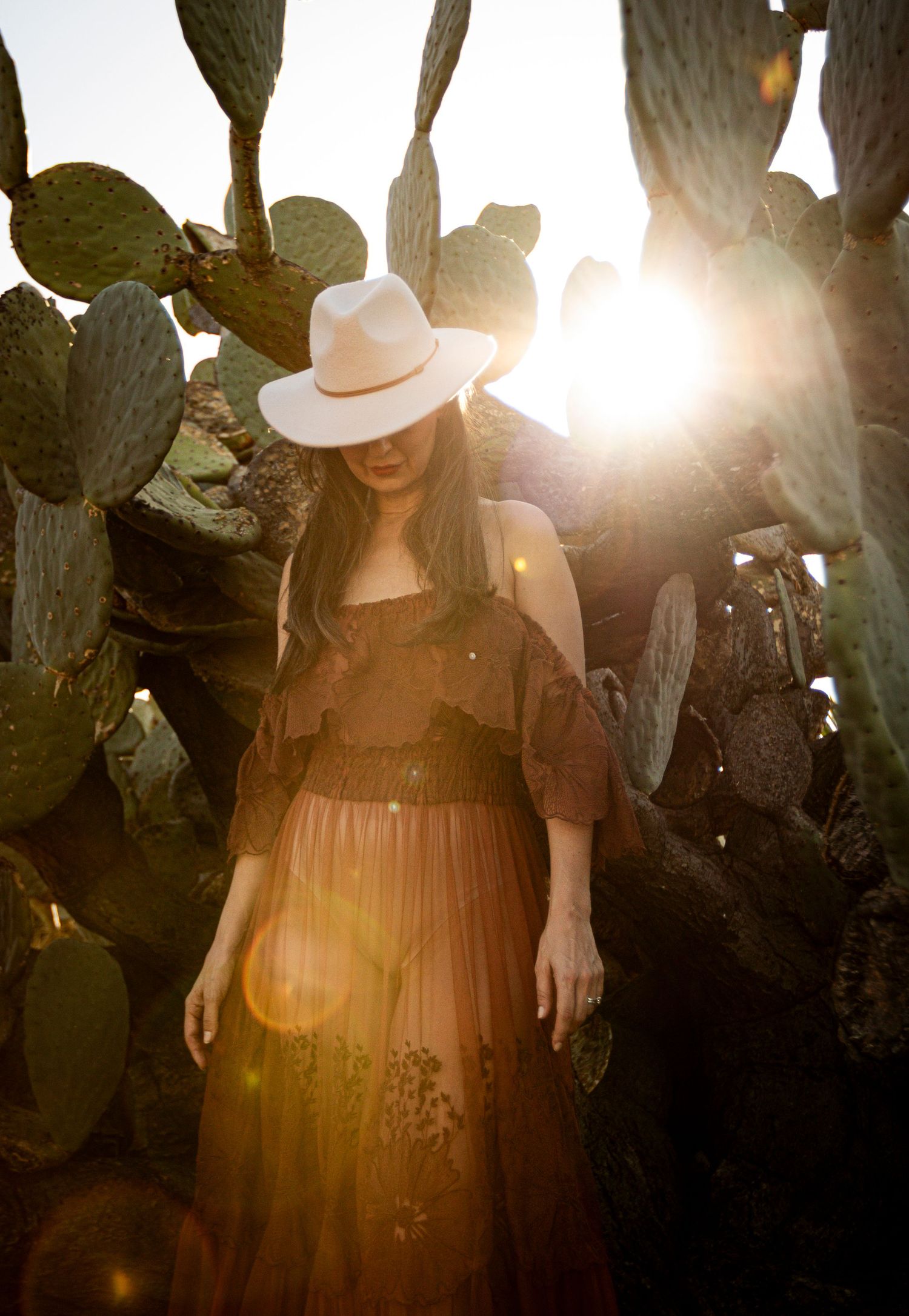 A figure in a flowing dress and white hat stands among cactus plants with dramatic sunlight streaming through.