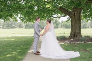 A couple in wedding attire holds hands while standing beneath a large tree on a peaceful summer day.