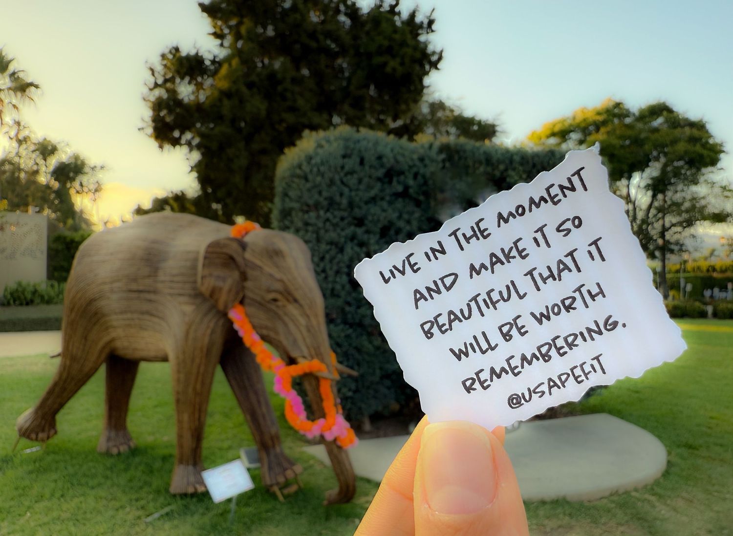 A sequence of images showing an elephant and paper notes being passed back and forth in a park setting.