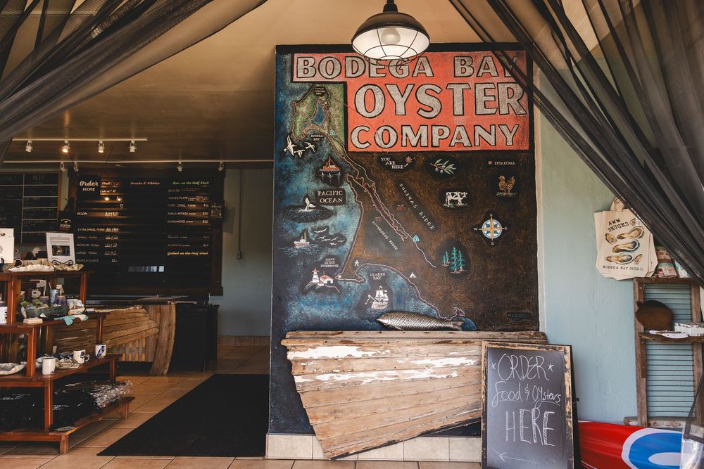A collage of interior restaurant photos showing rustic decor, wooden tables, and vintage signage in a cozy dining space.
