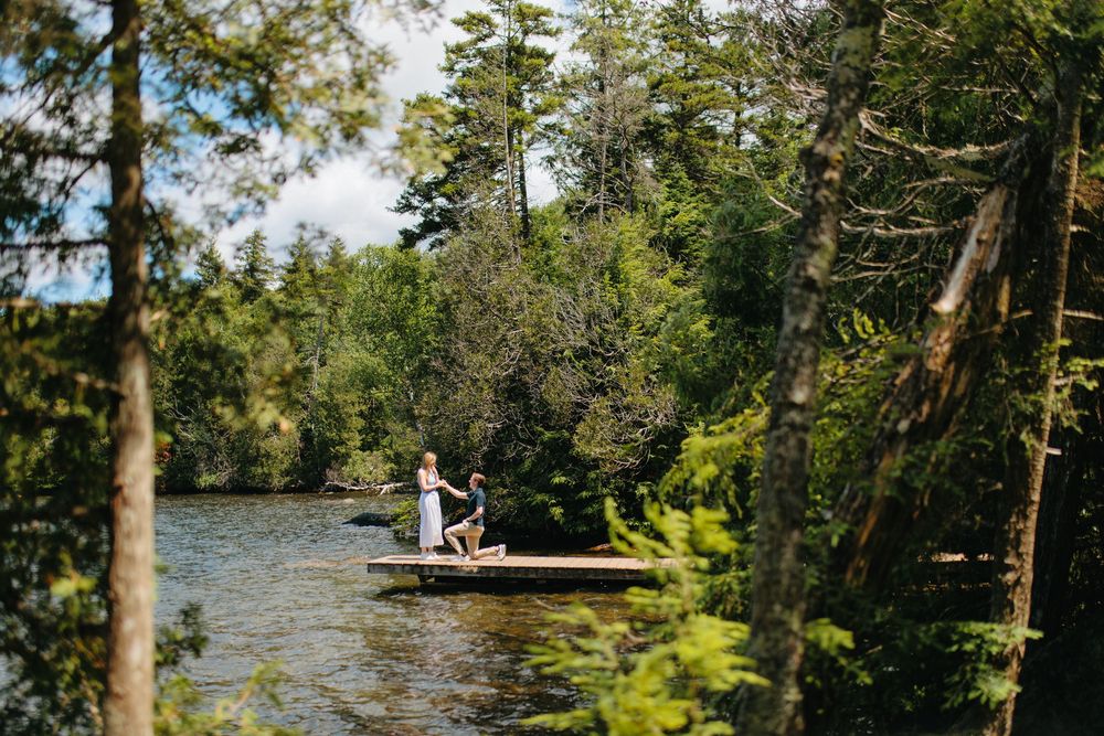 Two people standing on a wooden dock surrounded by pine trees and water on a sunny day.