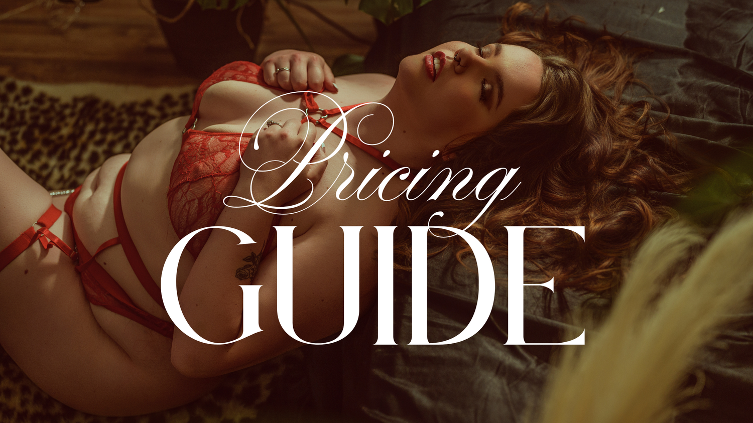 A decorative text overlay reading 'Pricing Guide' on a stylized background with romantic boudoir photography elements.