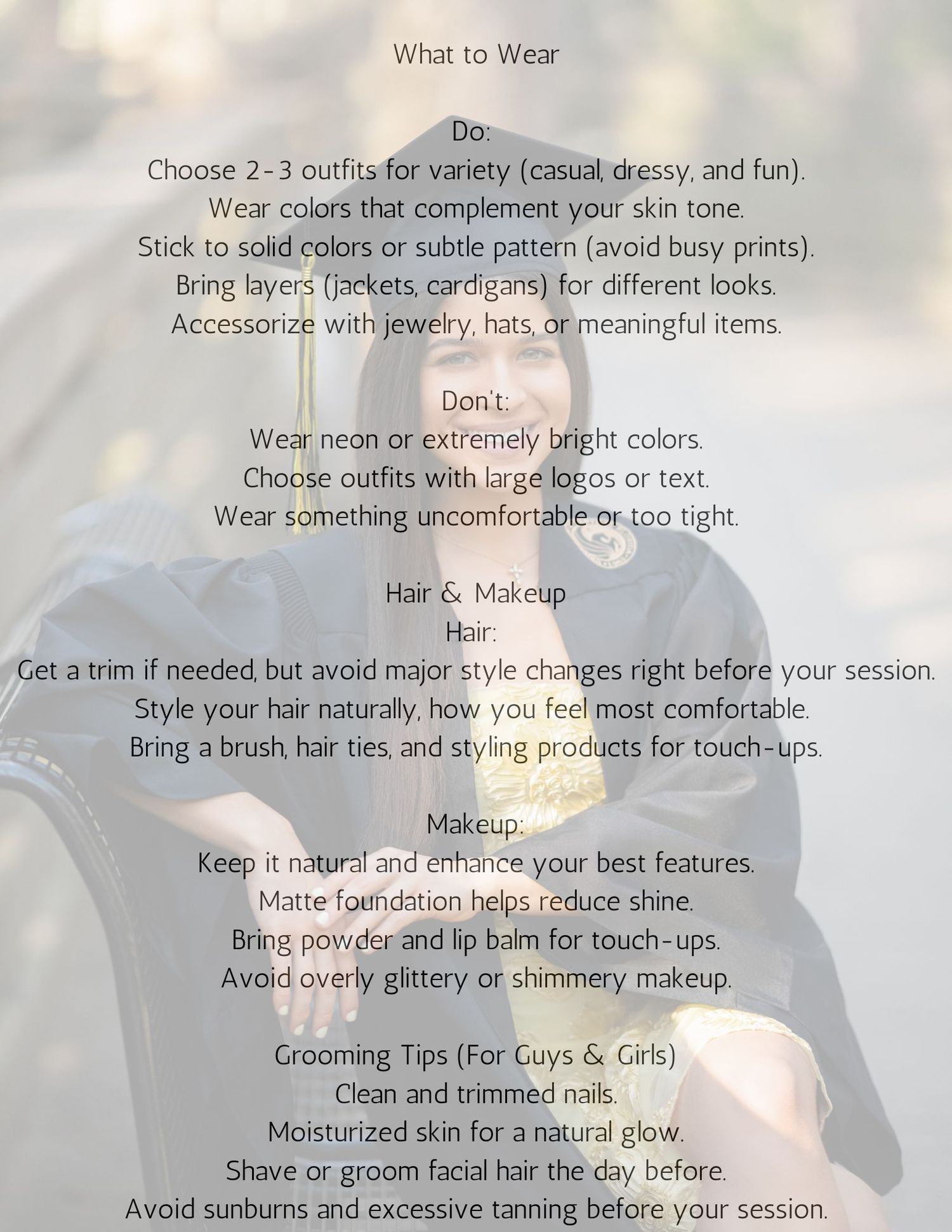 A beauty and styling tips checklist showing dos and donts for makeup, hair, and wardrobe choices.