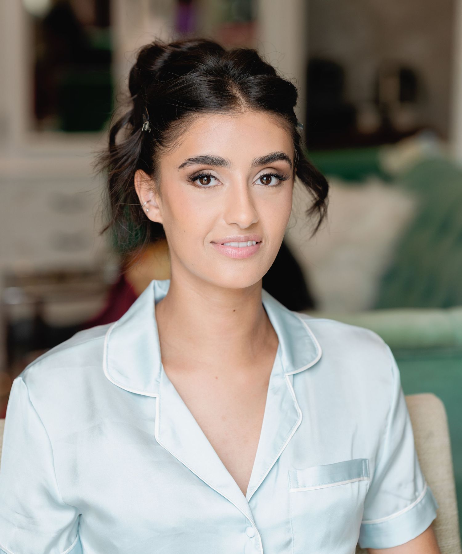 A collage of photos showing someone wearing a crisp white button-down shirt in a bright, professional setting.