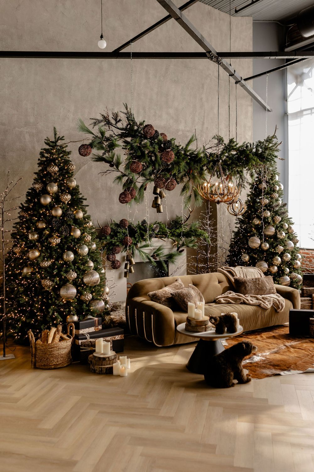 Interior design set featuring a cozy couch with Christmas decor, floral arrangements and warm lighting in a modern space.