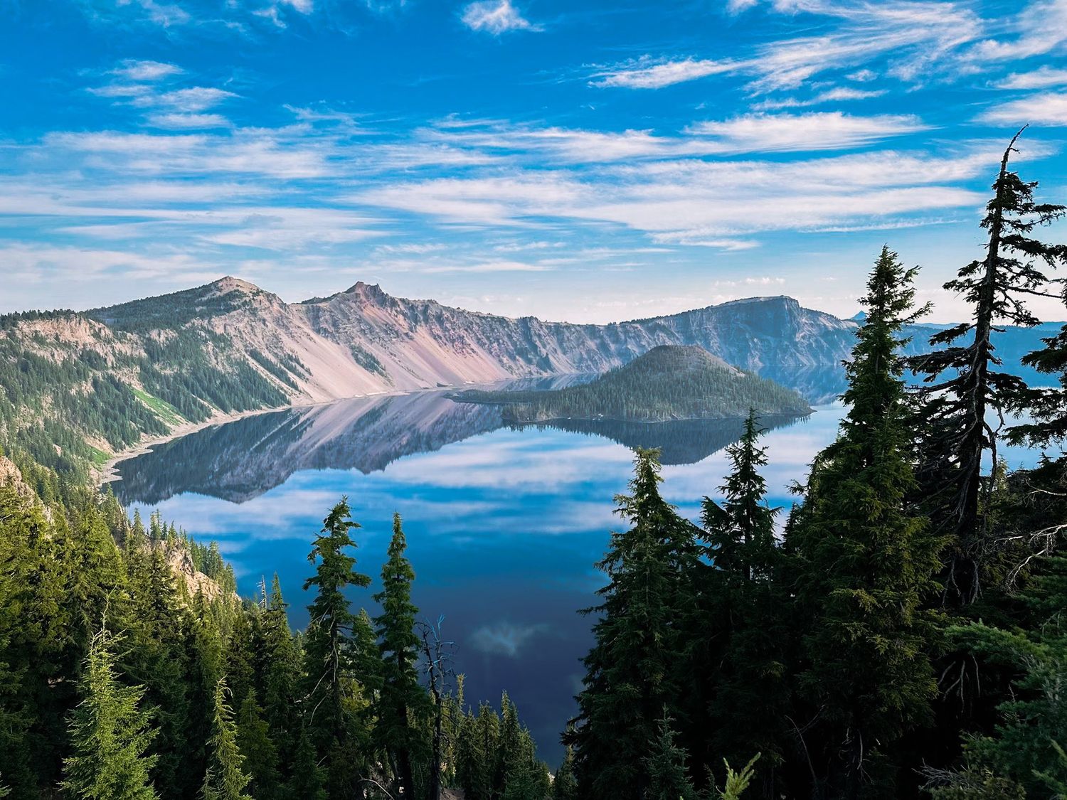 Panoramic mountain landscape with evergreen trees and rugged peaks against a bright blue sky.