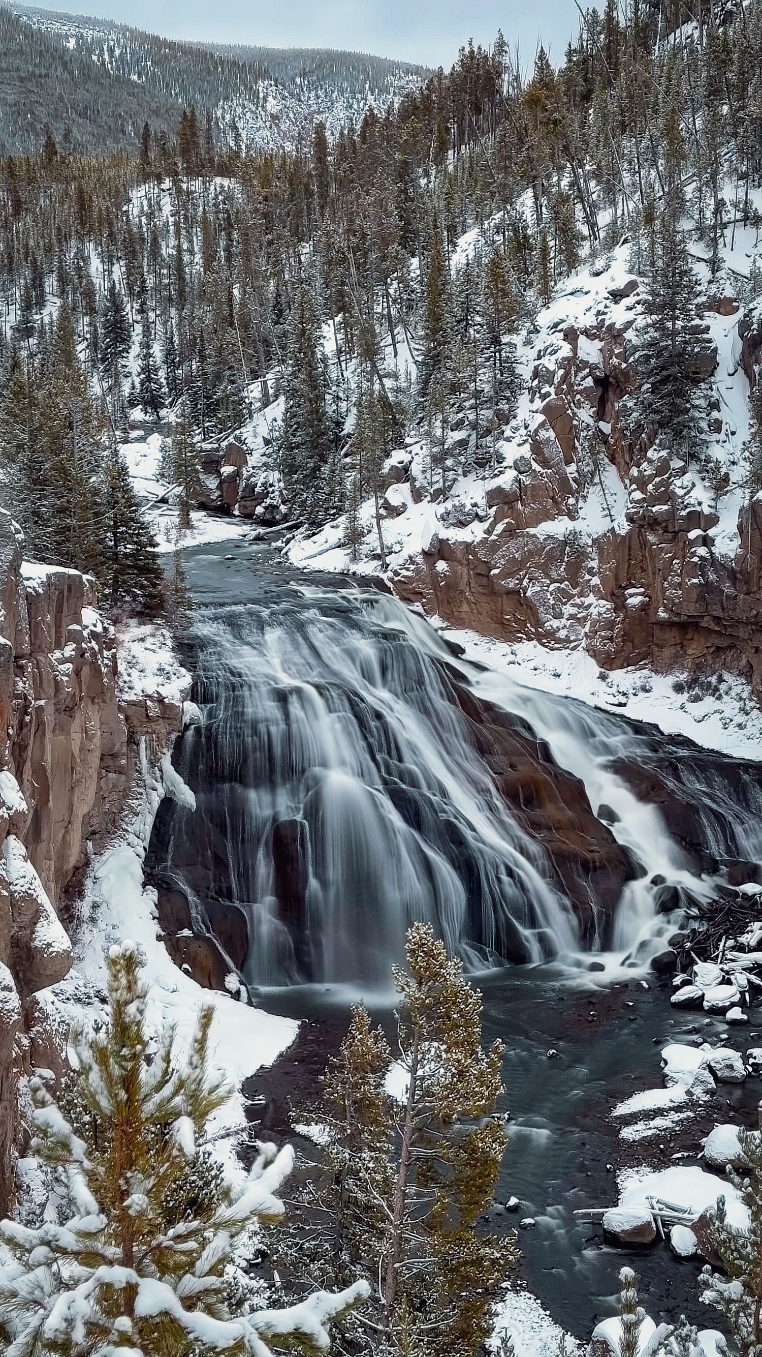 Snow-covered Gibbon Falls cascading down rocky cliffs in Yellowstone National Park.