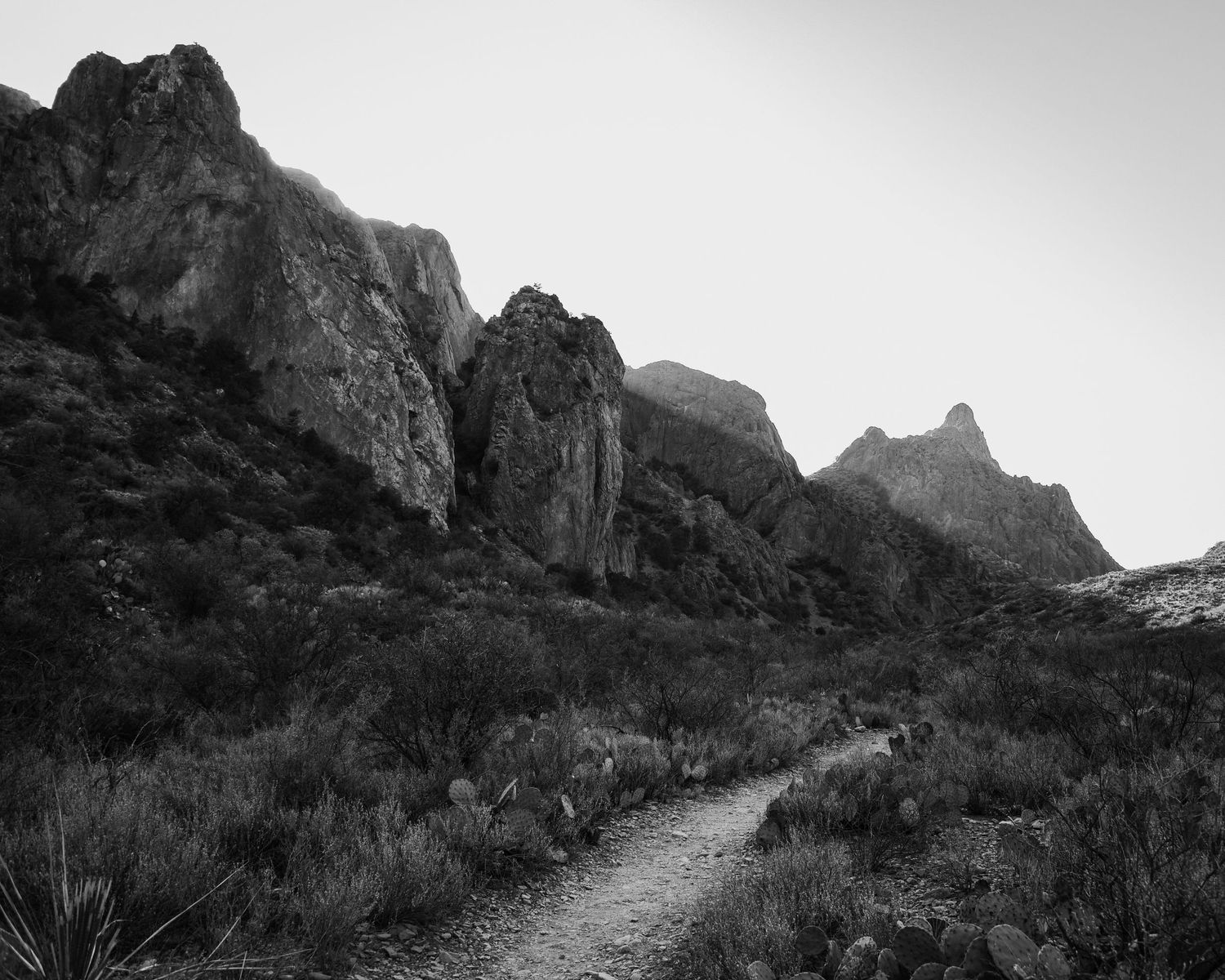 Rocky mountain trail winding through dramatic black and white desert landscape.