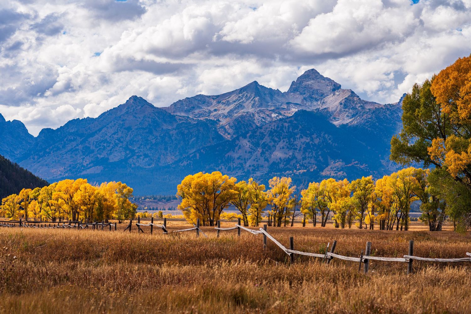 Panoramic mountain landscape with autumn trees and dramatic cloudy sky in Grand Teton National Park.