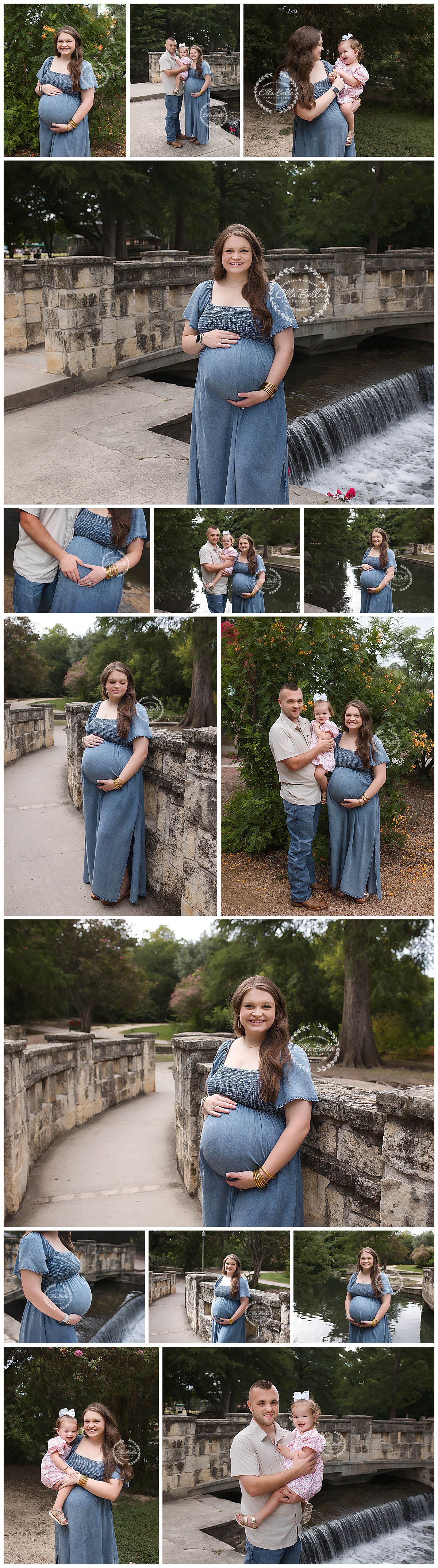 Maternity photoshoot at an outdoor stone waterfall featuring a woman in a flowing blue dress with family by her side.