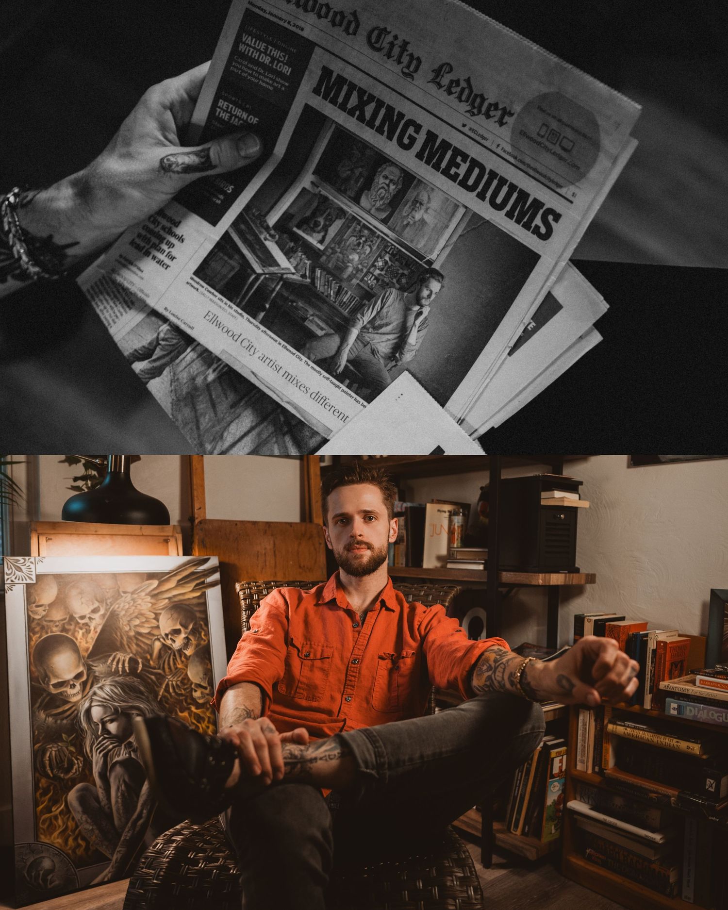 Person in black and white working on creative artwork in studio with newspapers and lighting creating moody atmosphere.