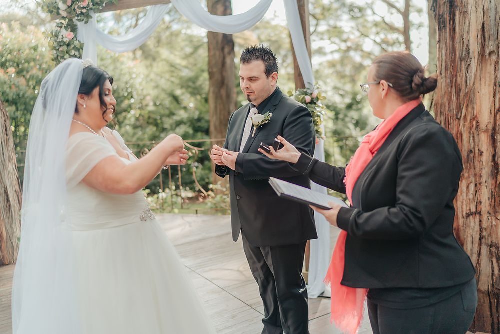 Wedding ceremony in a lush forest setting with wooden posts and greenery surrounds the signing moment.