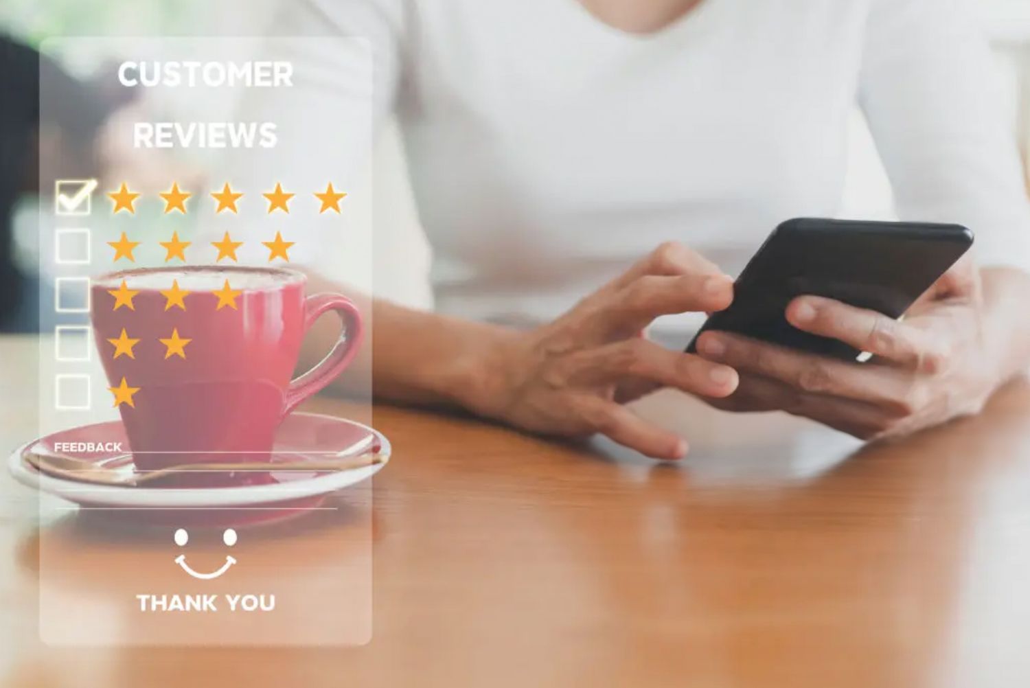 A smartphone user checking reviews with star ratings and a coffee cup displayed in augmented reality overlay.