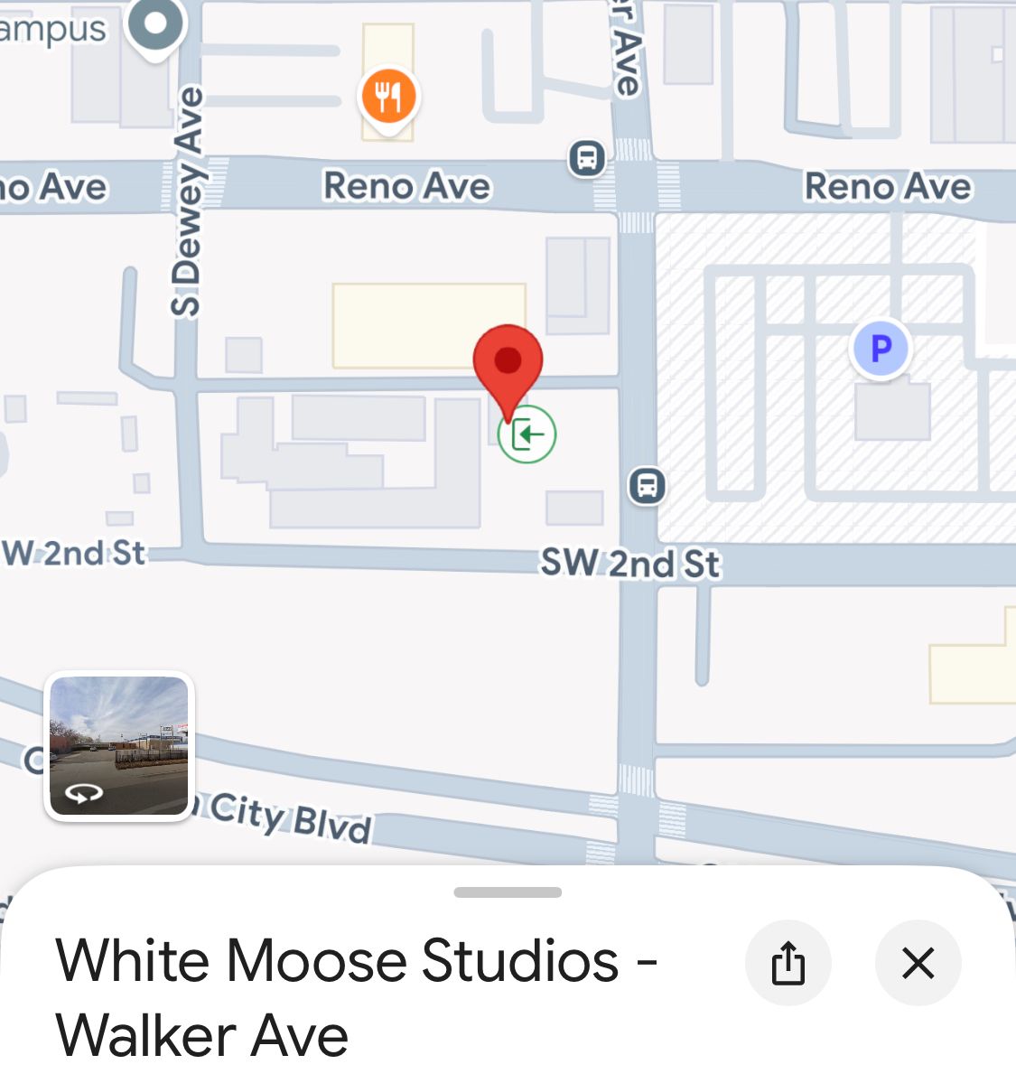 Google Maps view showing street layout with markers and business locations in an urban area.