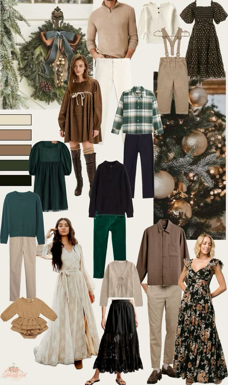 Collection of holiday children's dresses and outfits in navy blue and emerald green plaid with velvet details and bows.