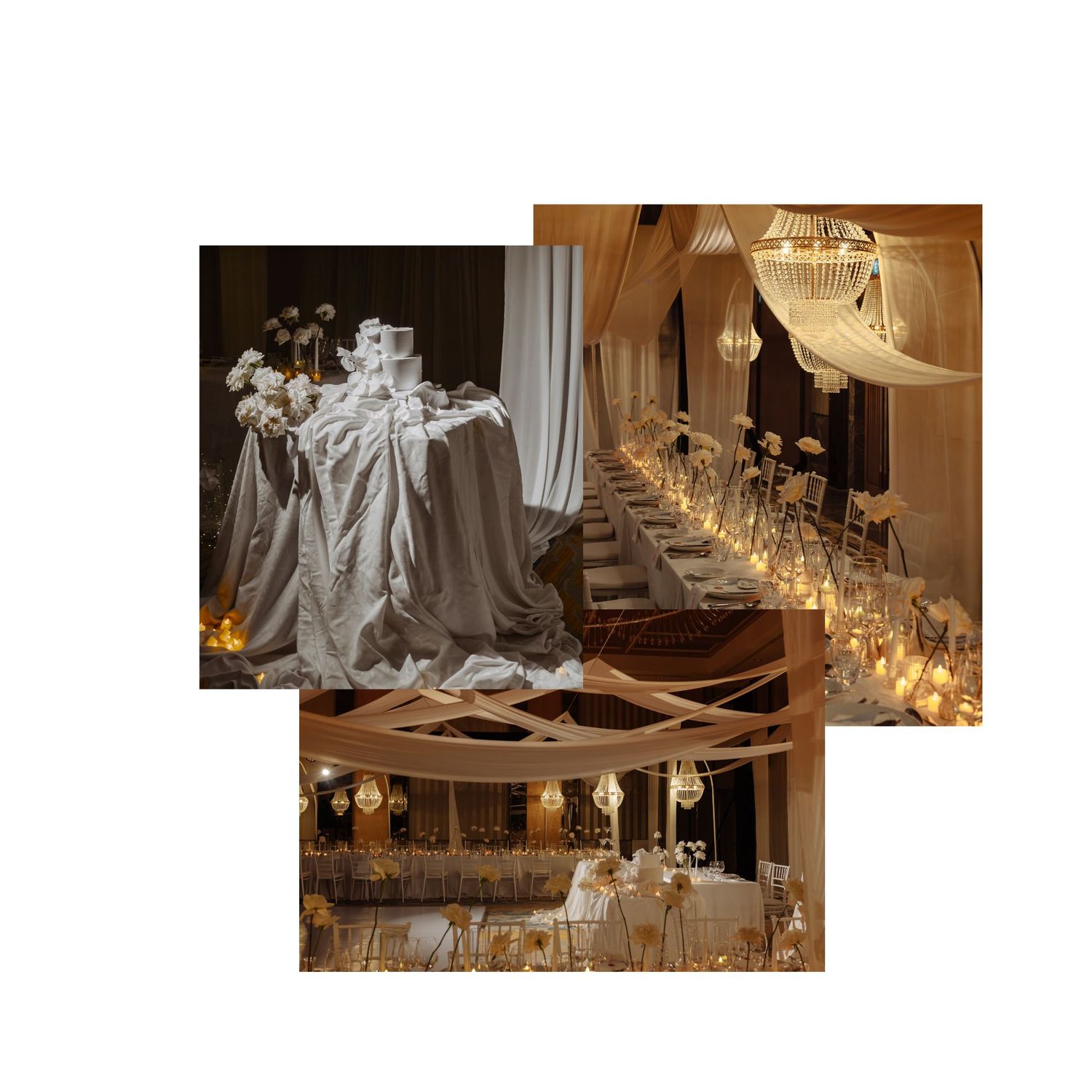 Collage of elegant wedding venue decor featuring crystal chandeliers, draped ceilings, and candlelit tables.
