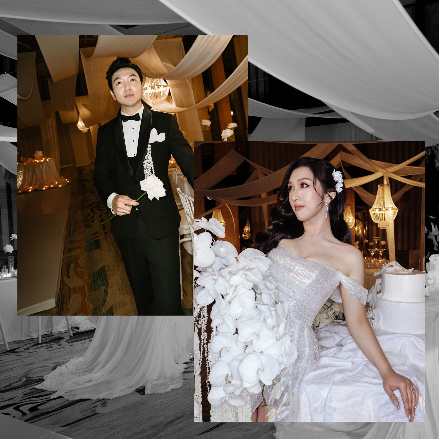 Collage of Asian bride in off-shoulder gown and groom in black tuxedo at elegant wedding reception.