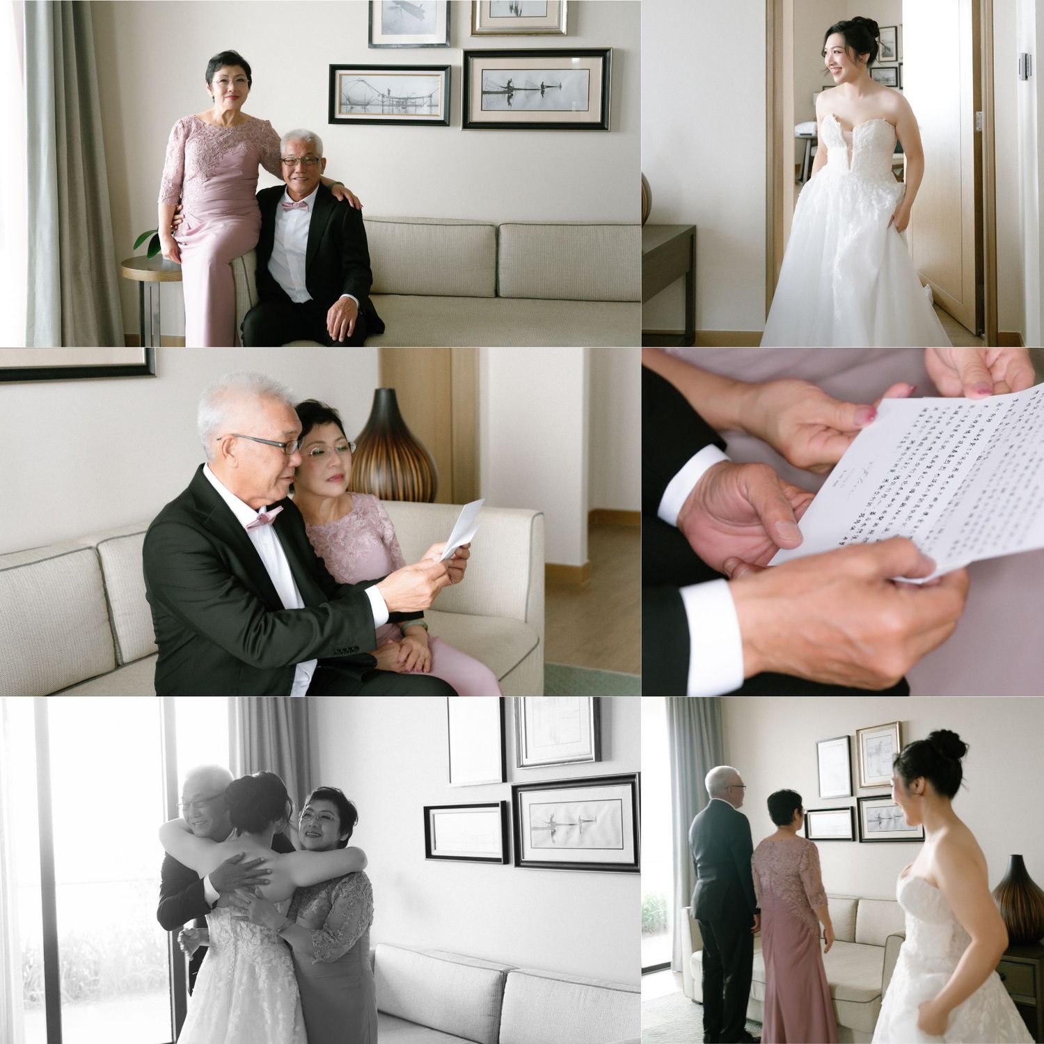 Collage of bride with family sharing emotional moments and reading letters on wedding day.