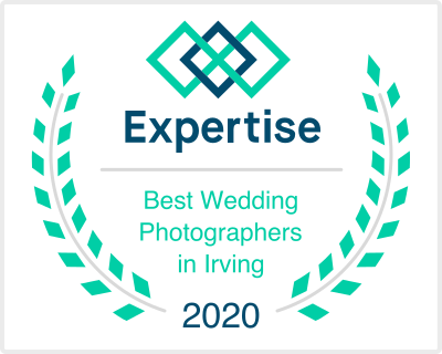 Expertise Best Wedding Photographers in Irving 2020 award badge with teal laurel wreath.