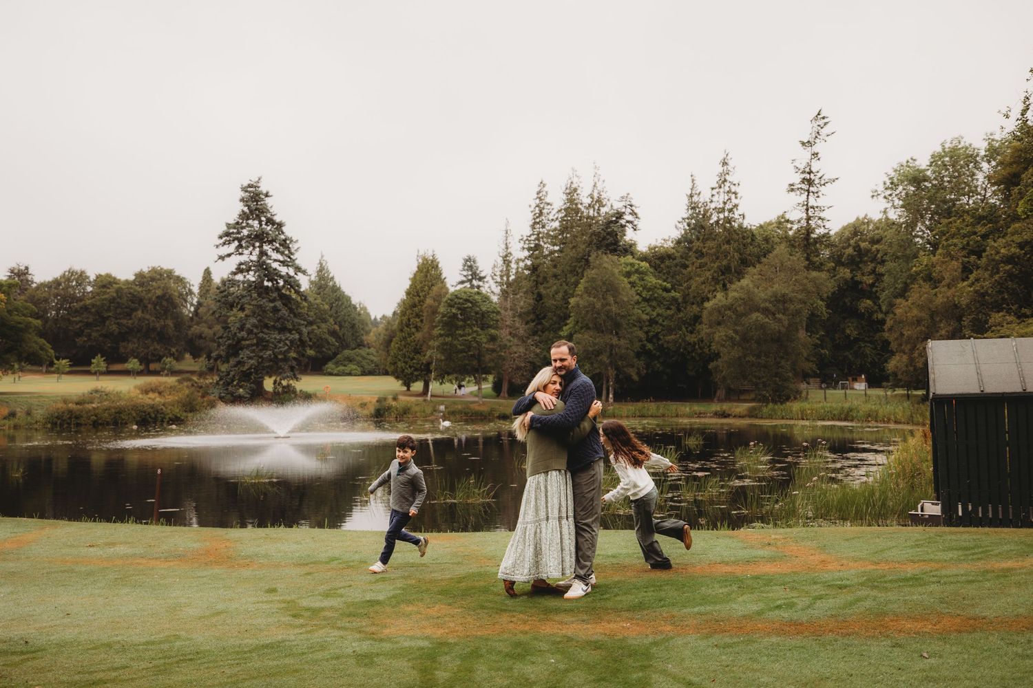 A series of six action shots showing people playing disc golf outdoors on a grassy course with trees in the background.