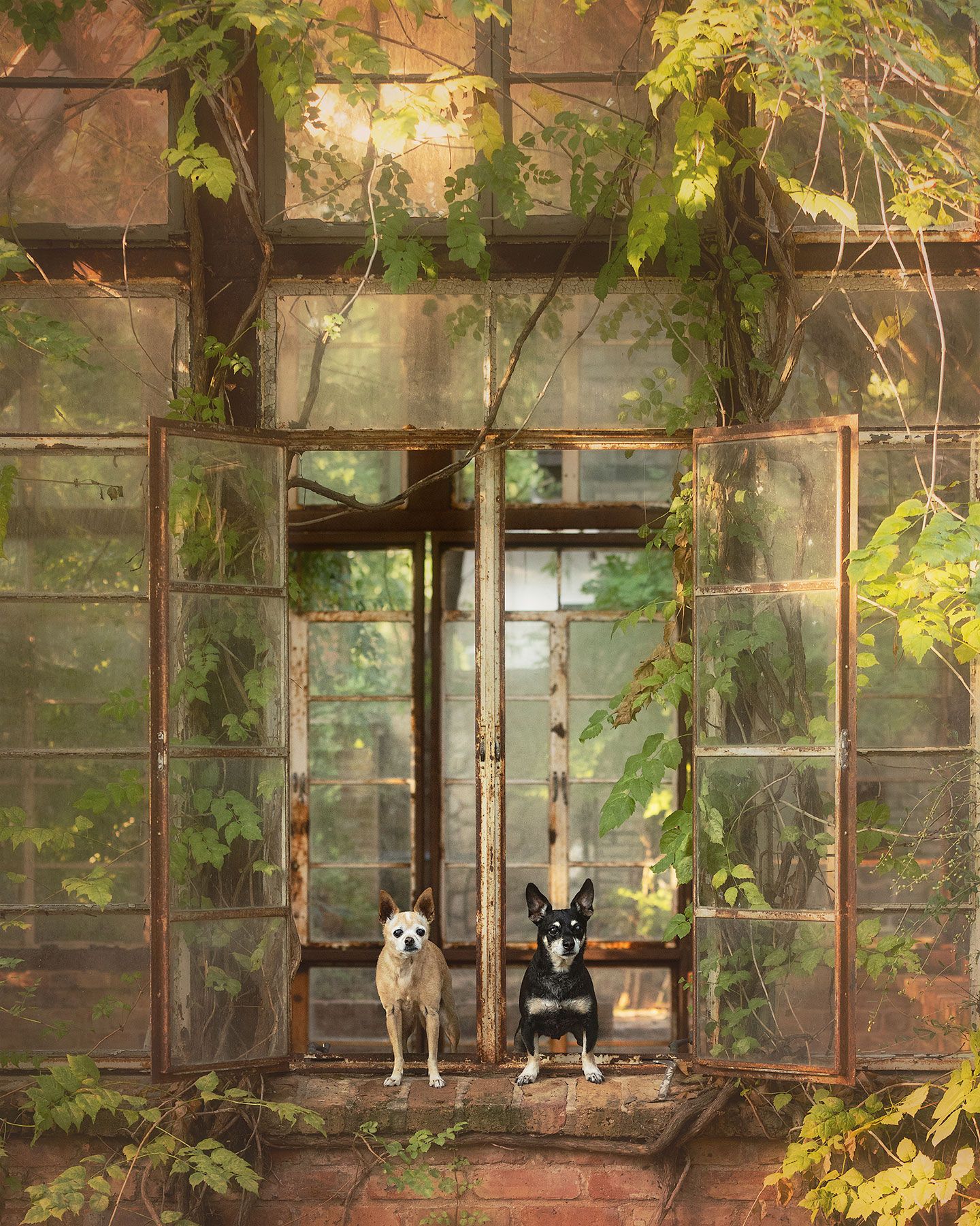 Two dogs sit in an antigue greenhouse with sunlight streaming through glass panels and overgrown plants.