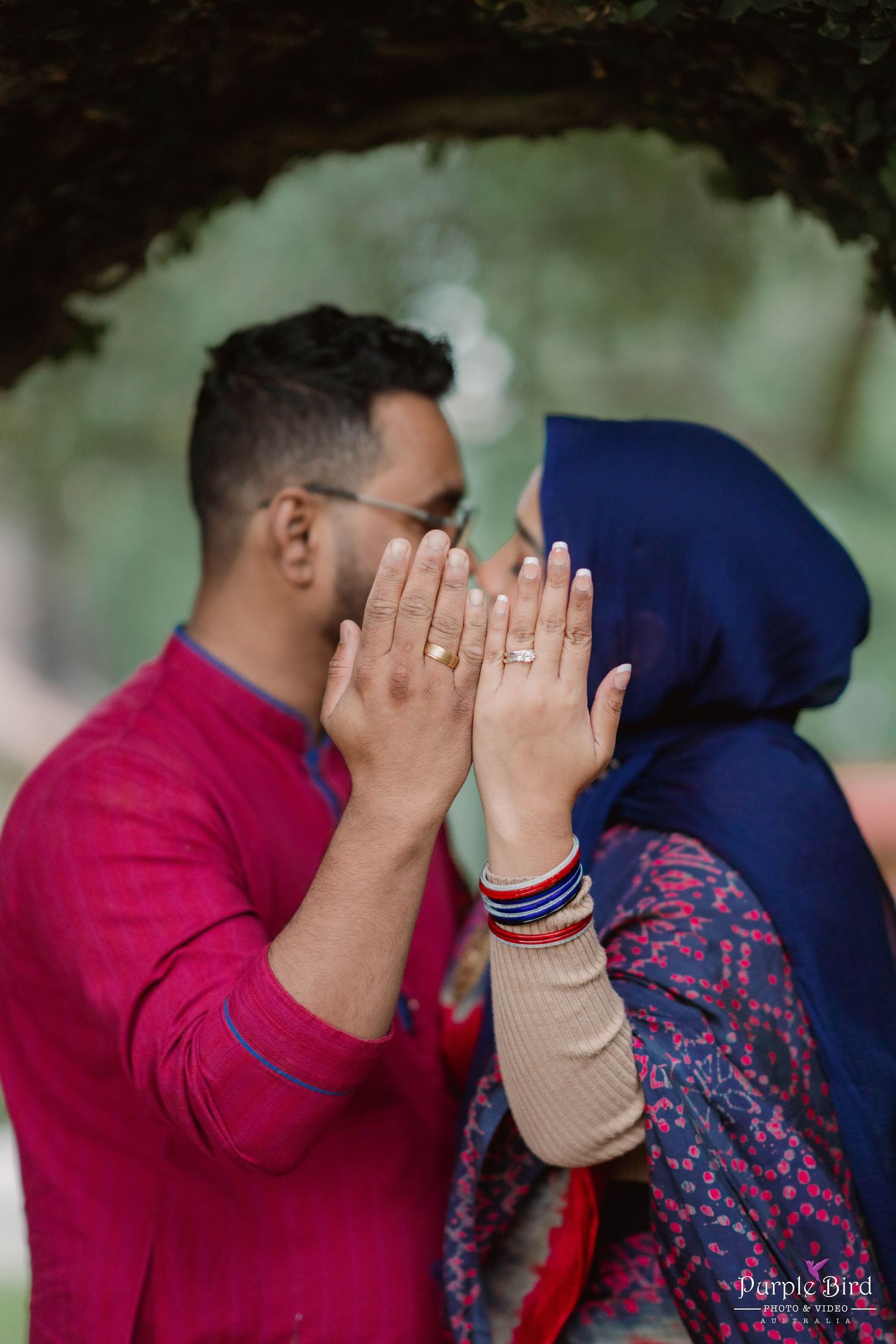 A playful sequence of couple photos showing the progression of a peek-a-boo moment in an outdoor setting.