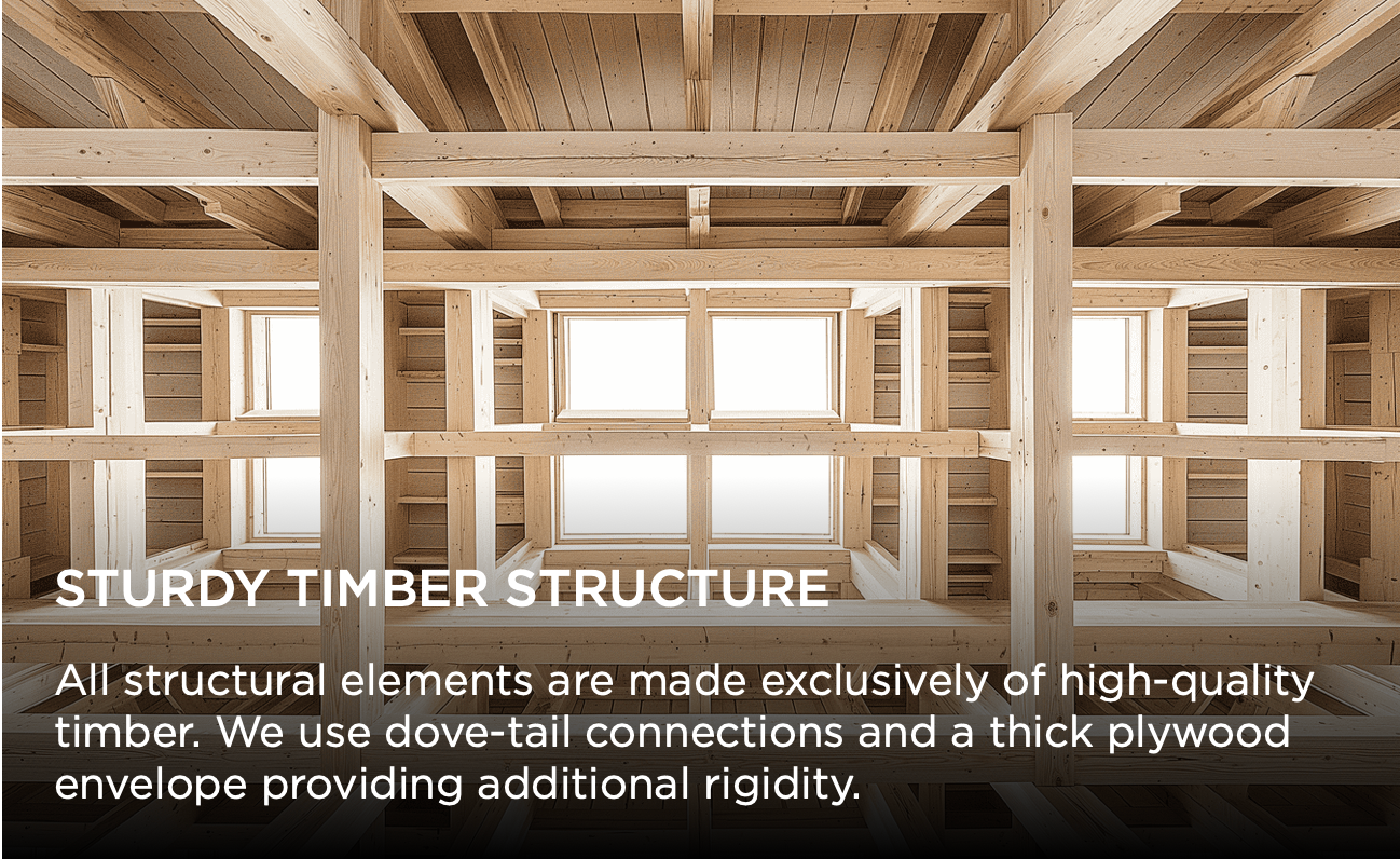 Interior view of sturdy timber structure with exposed wooden beams and large windows showcasing modern architectural design.